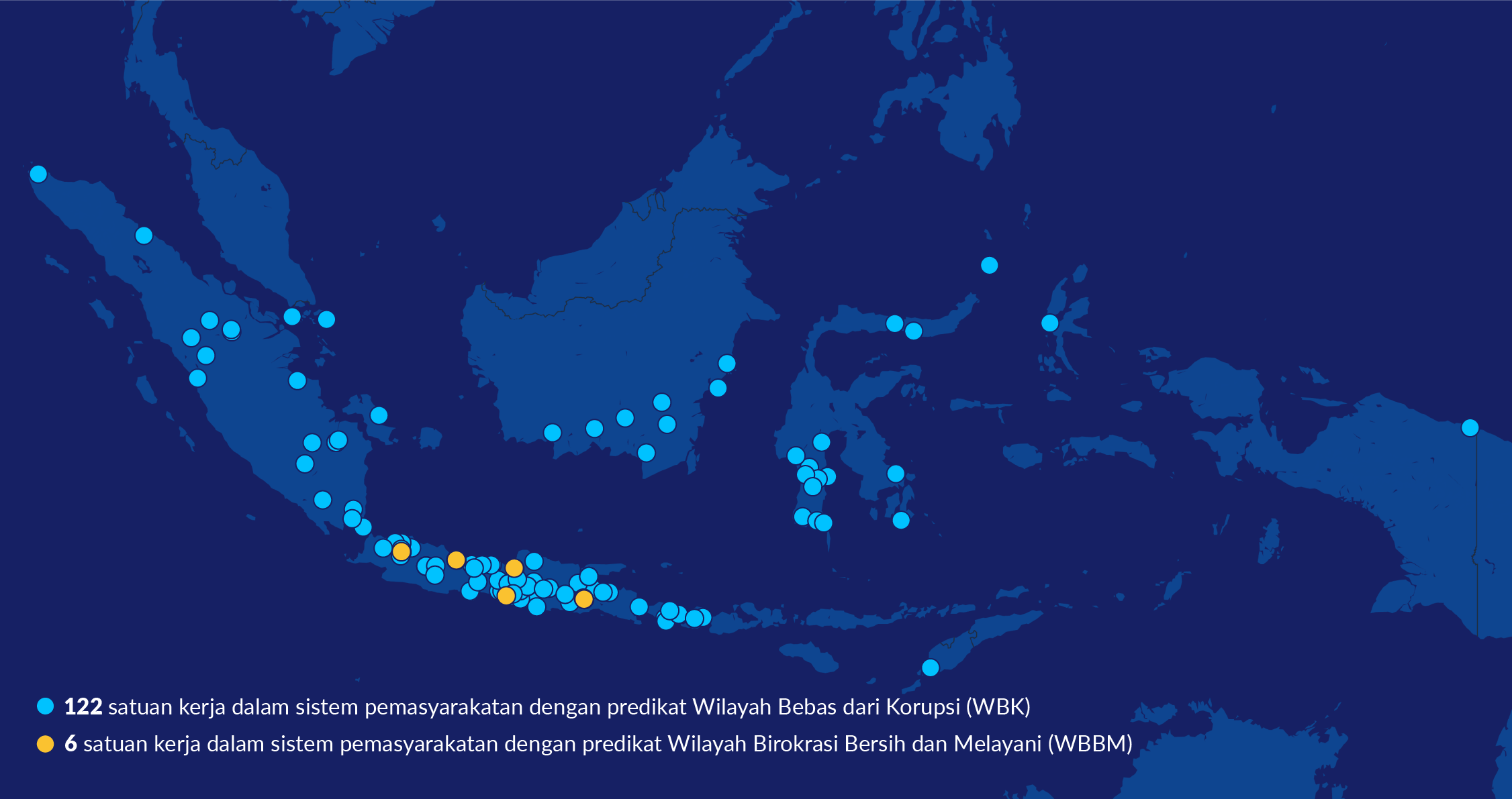 Map of Indonesia showing locations of 122 prisons certified as Corruption-free Zones (WBK) marked with light blue dots, and 6 prisons certified as Clean and Service-oriented Bureaucratic Zones (WBBM) marked with yellow dots. Most certified prisons are concentrated on Java, Sumatra, and Sulawesi islands.