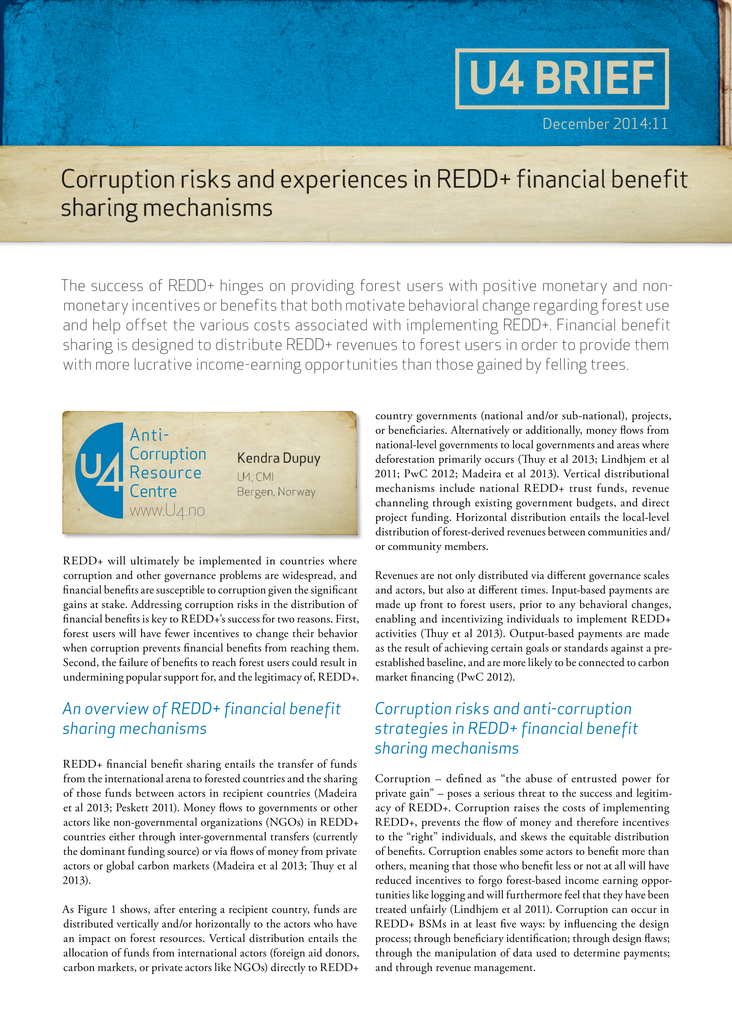 Corruption risks and experiences in REDD+ financial benefit sharing mechanisms