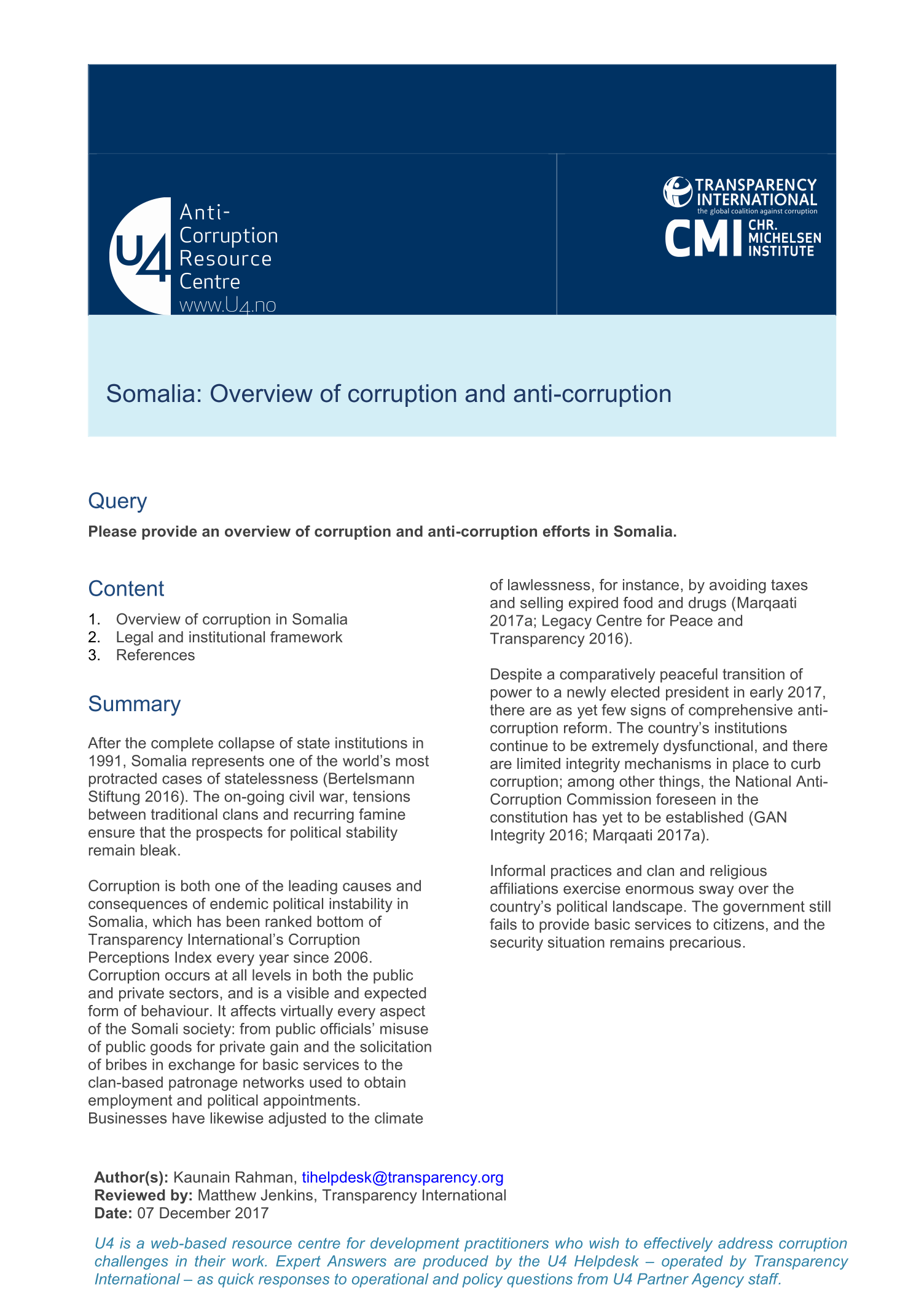 Somalia: Overview of corruption and anti-corruption
