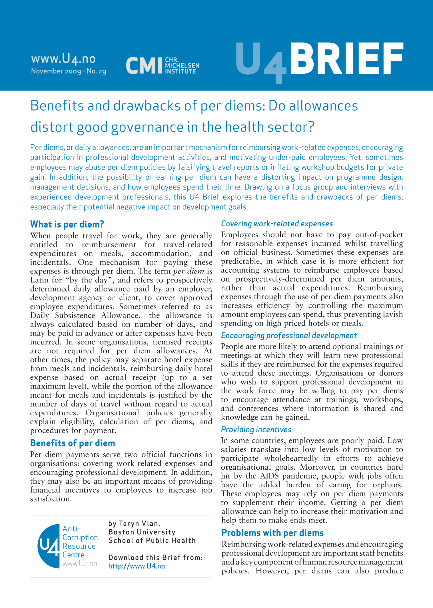 Benefits and drawbacks of per diems: Do allowances distort good governance in the health sector?