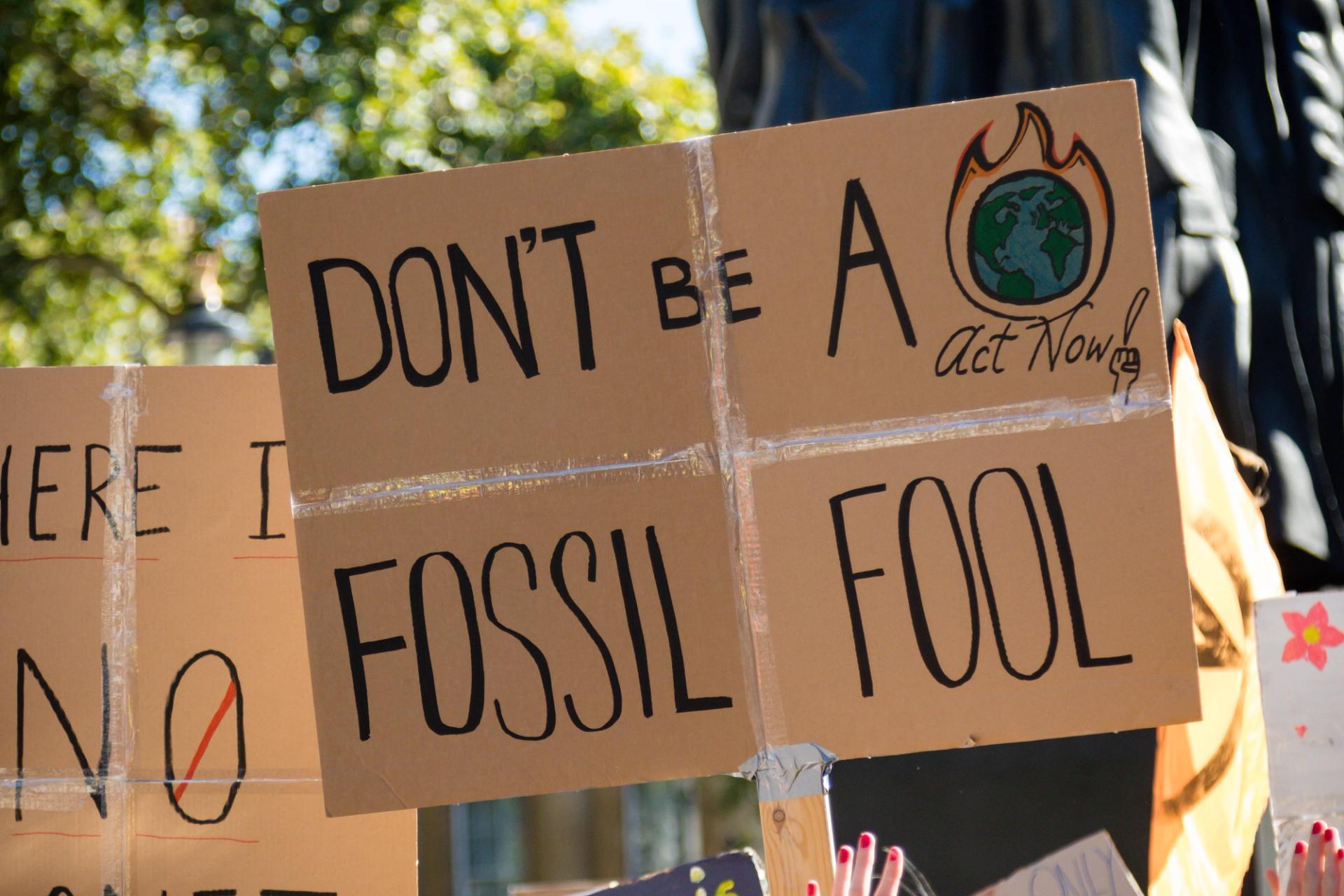 Photograph of a hand-made protest placard, reading “Don’t be a fossil fool”