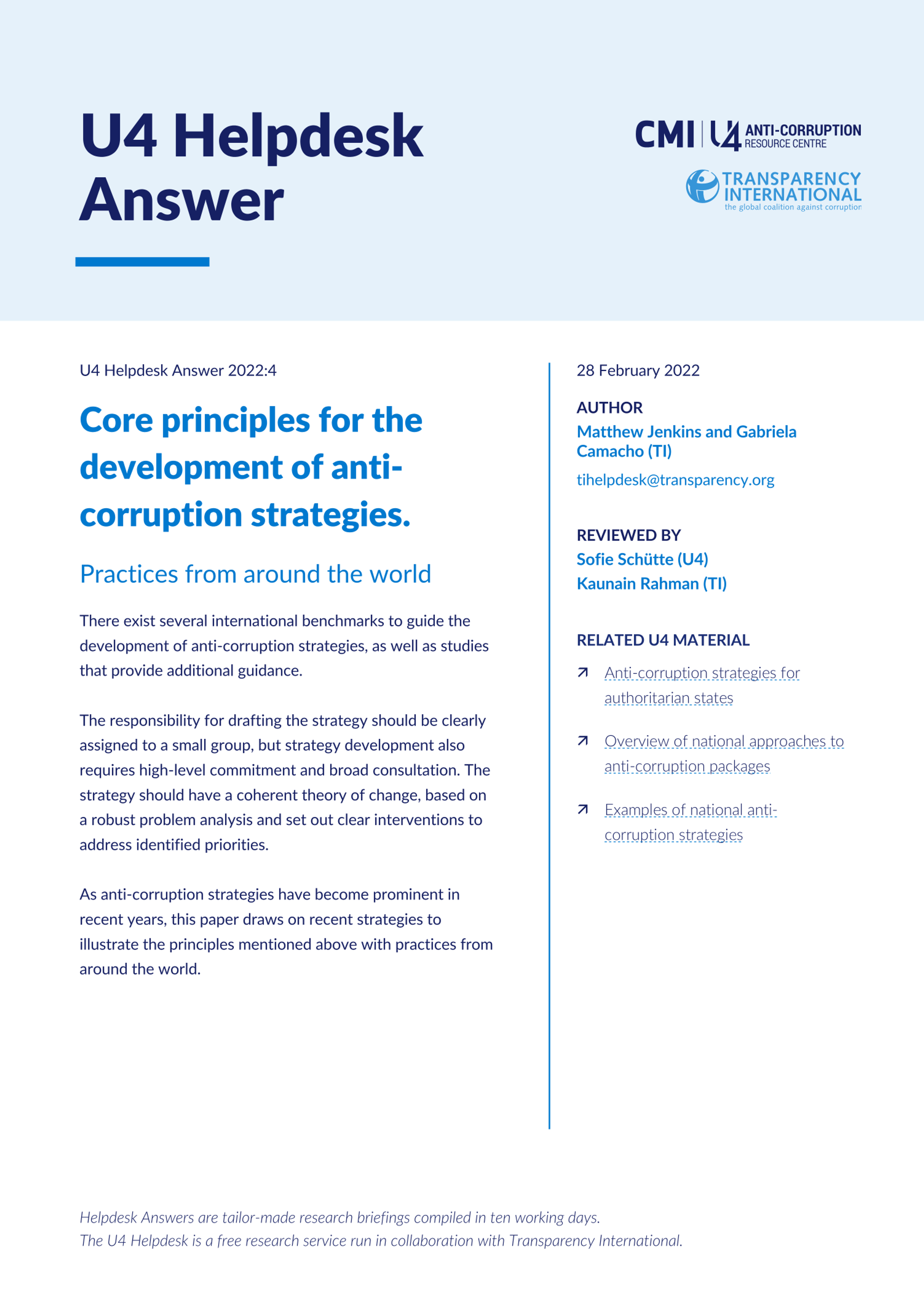 Core principles for the development of anti-corruption strategies.