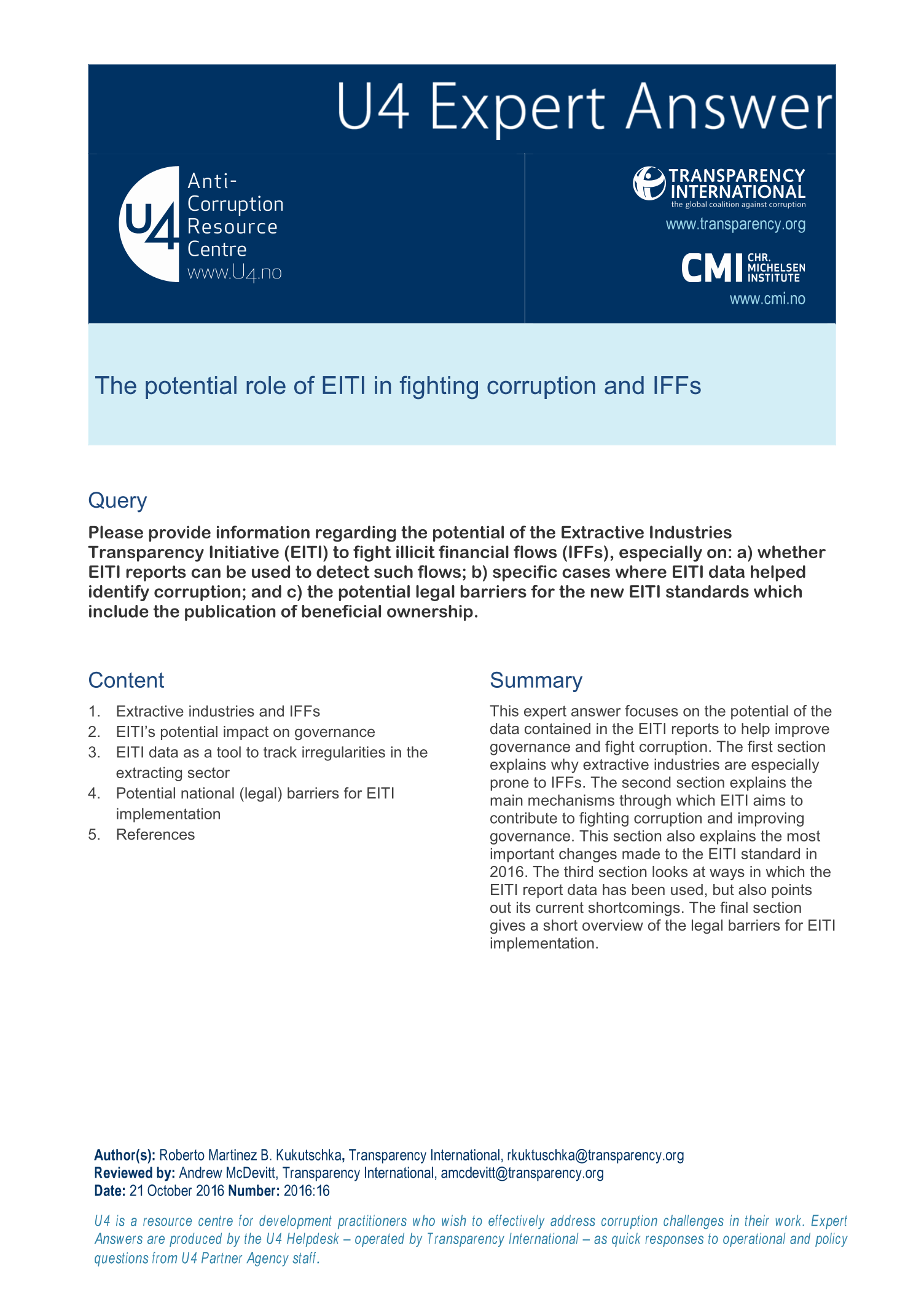 The potential role of EITI in fighting corruption and IFFs