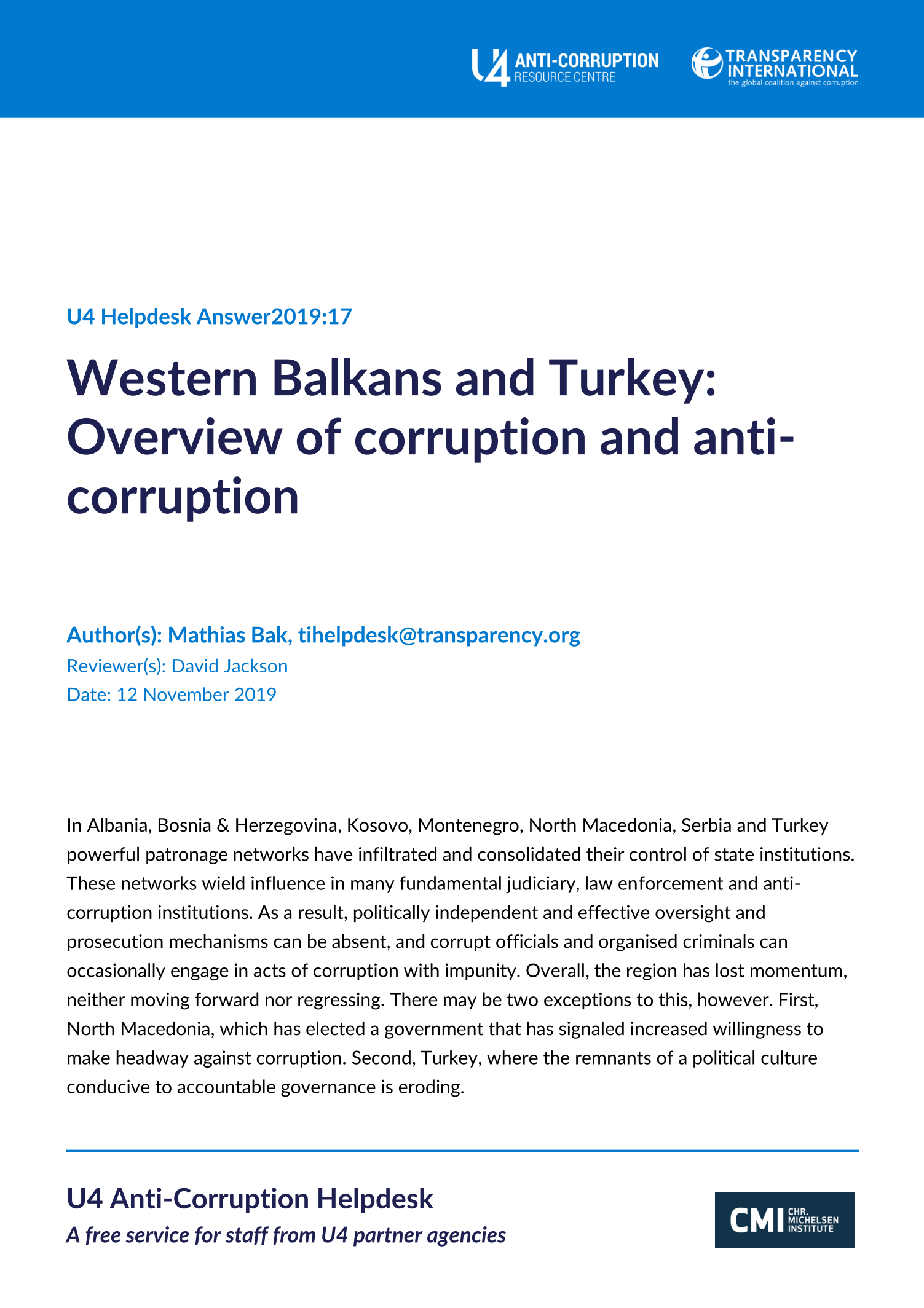 Western Balkans and Turkey: Overview of corruption and anti-corruption