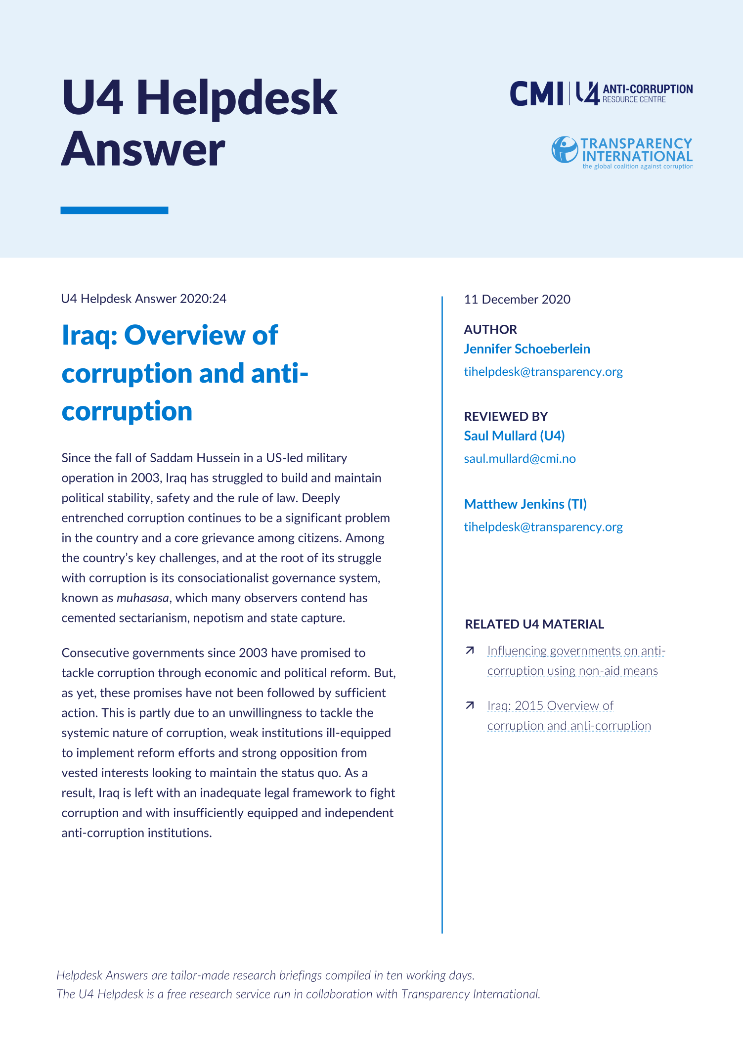 Iraq: Overview of corruption and anti-corruption