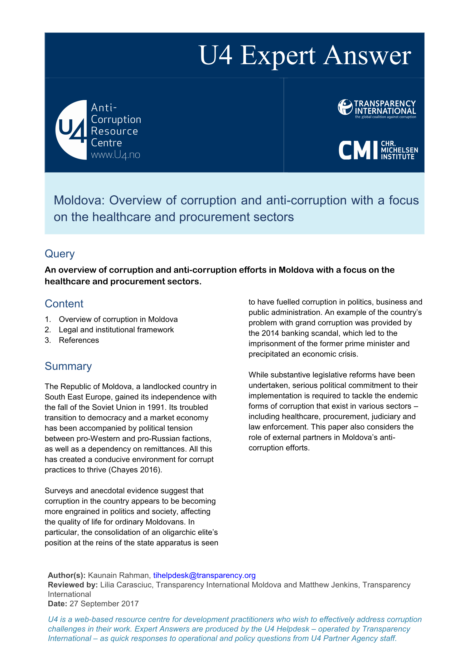 Moldova: Overview of corruption and anti-corruption with a focus on the healthcare and procurement sectors