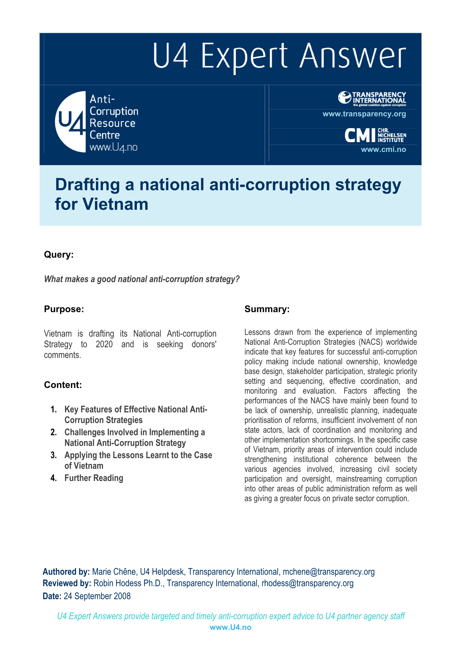 Drafting a national anti-corruption strategy for Vietnam