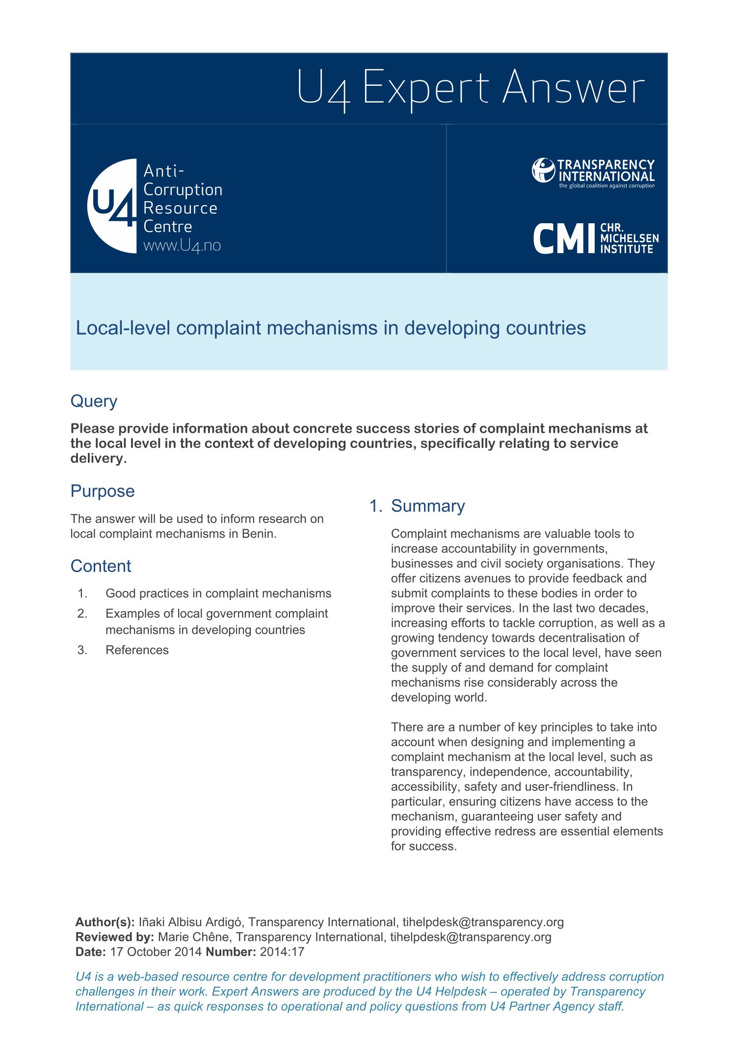 Local-level complaint mechanisms in developing countries
