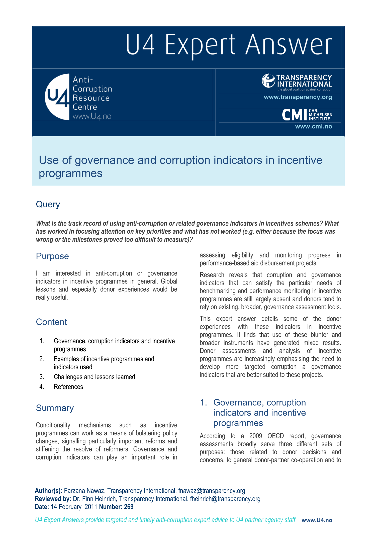 Use of governance and corruption indicators in incentive programmes