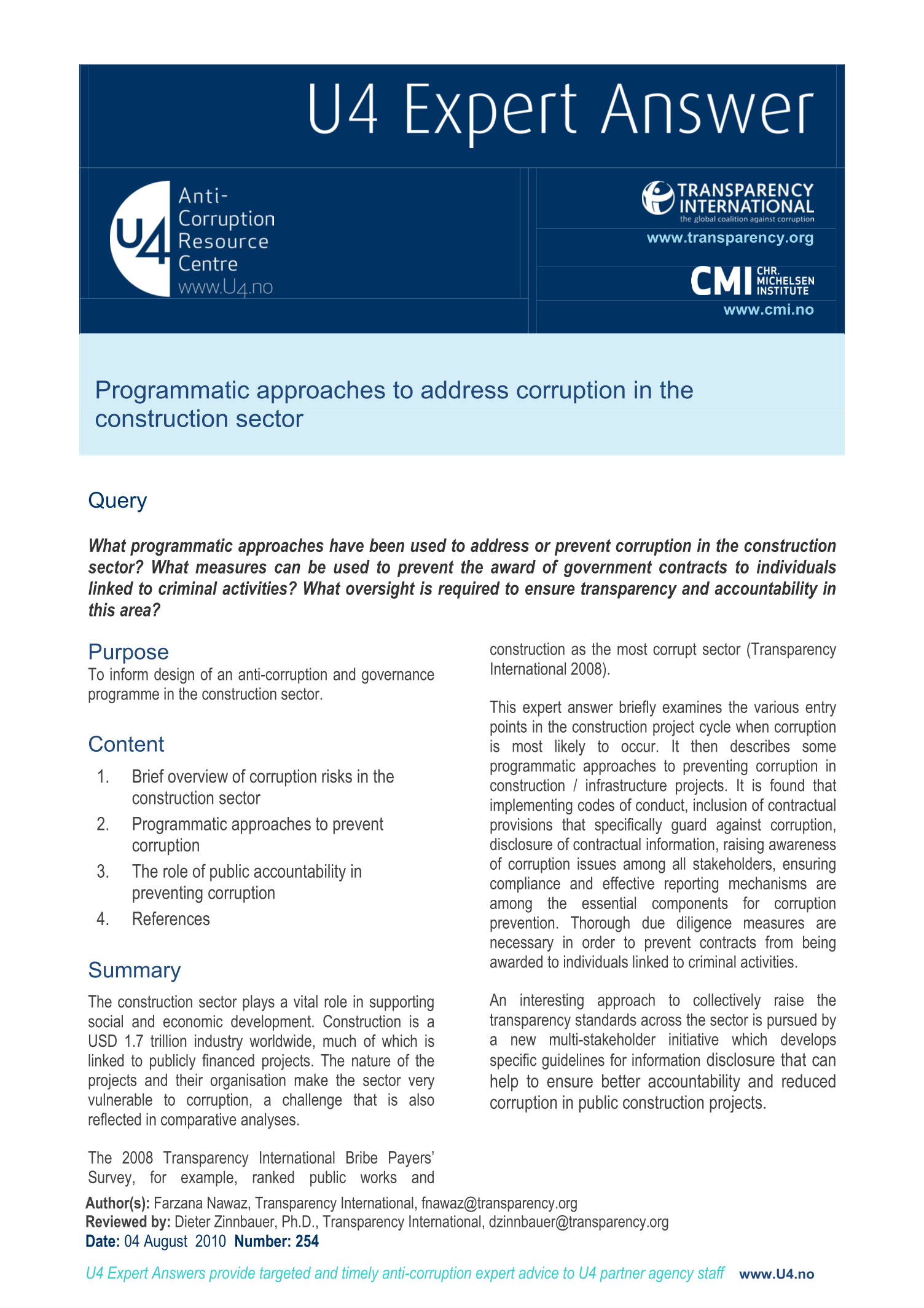 Programmatic approaches to address corruption in the construction sector