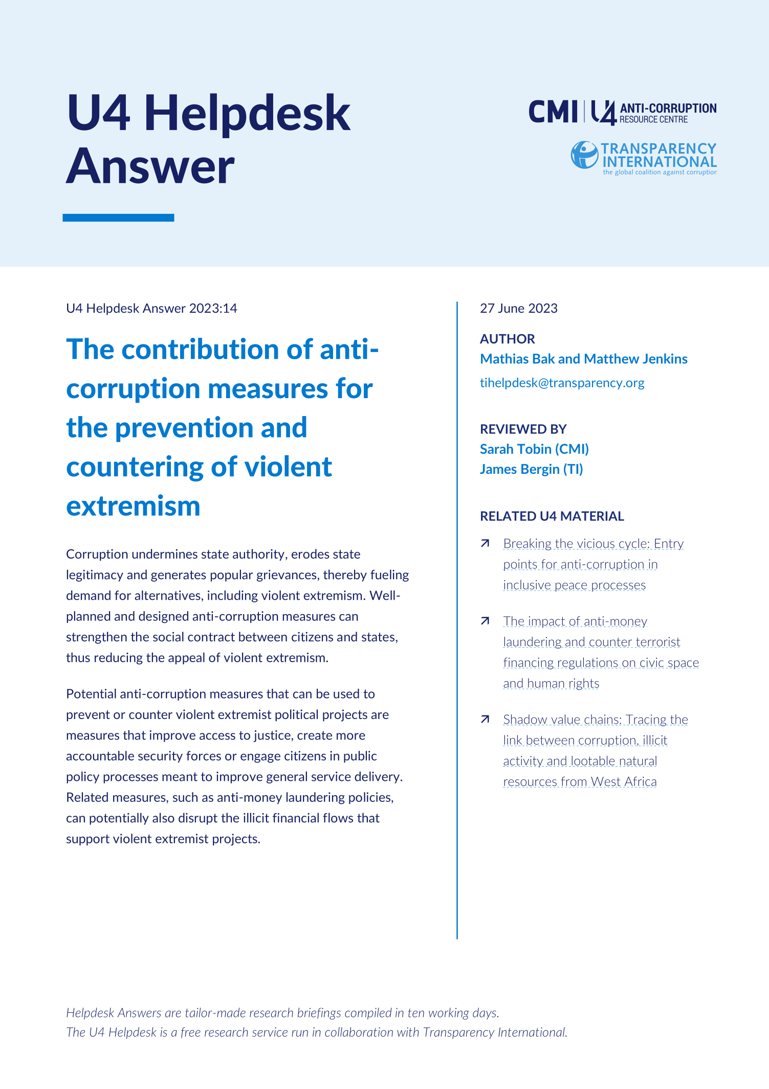 The contribution of anti-corruption measures for the prevention and countering of violent extremism