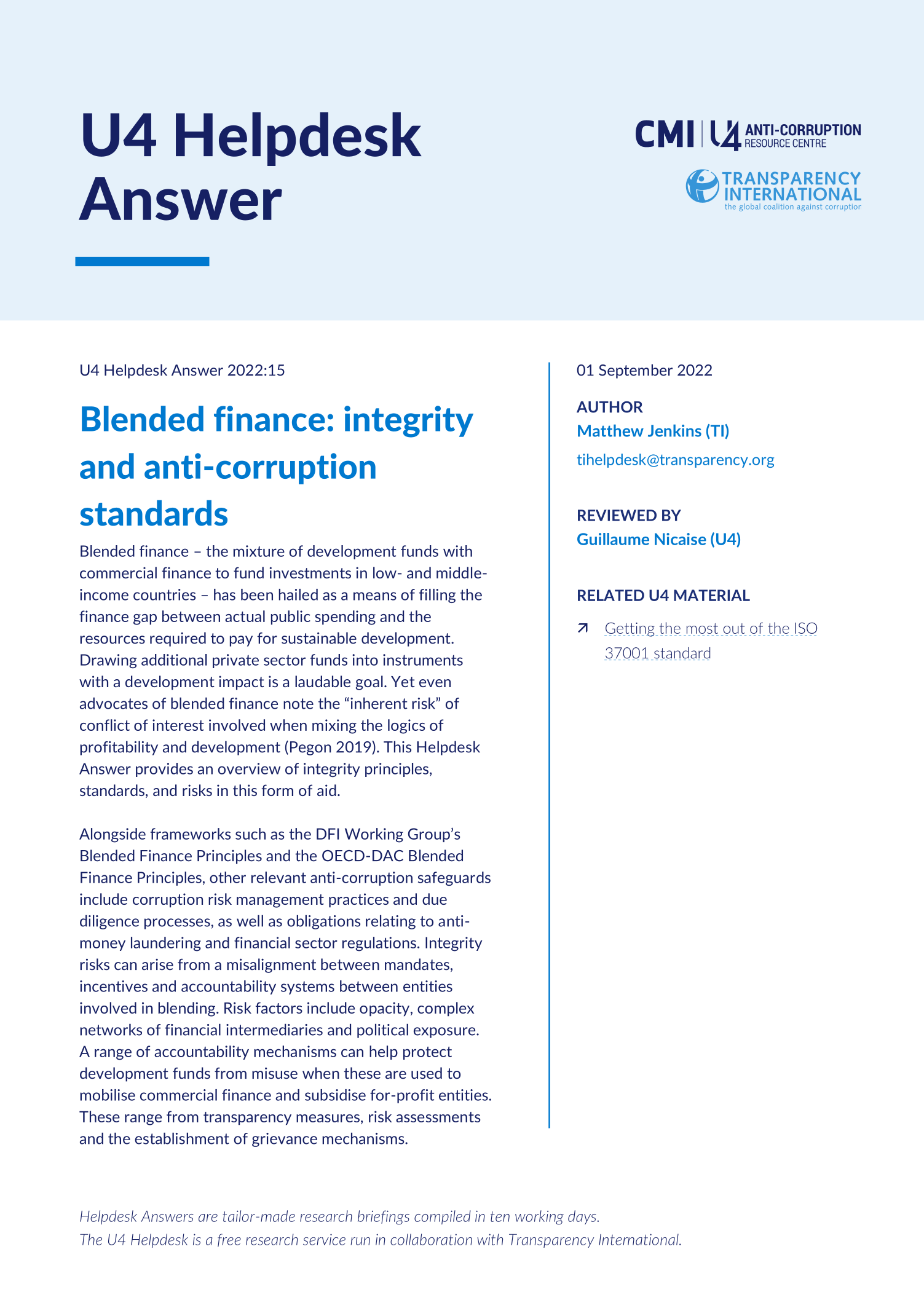 Blended finance: integrity and anti-corruption standards