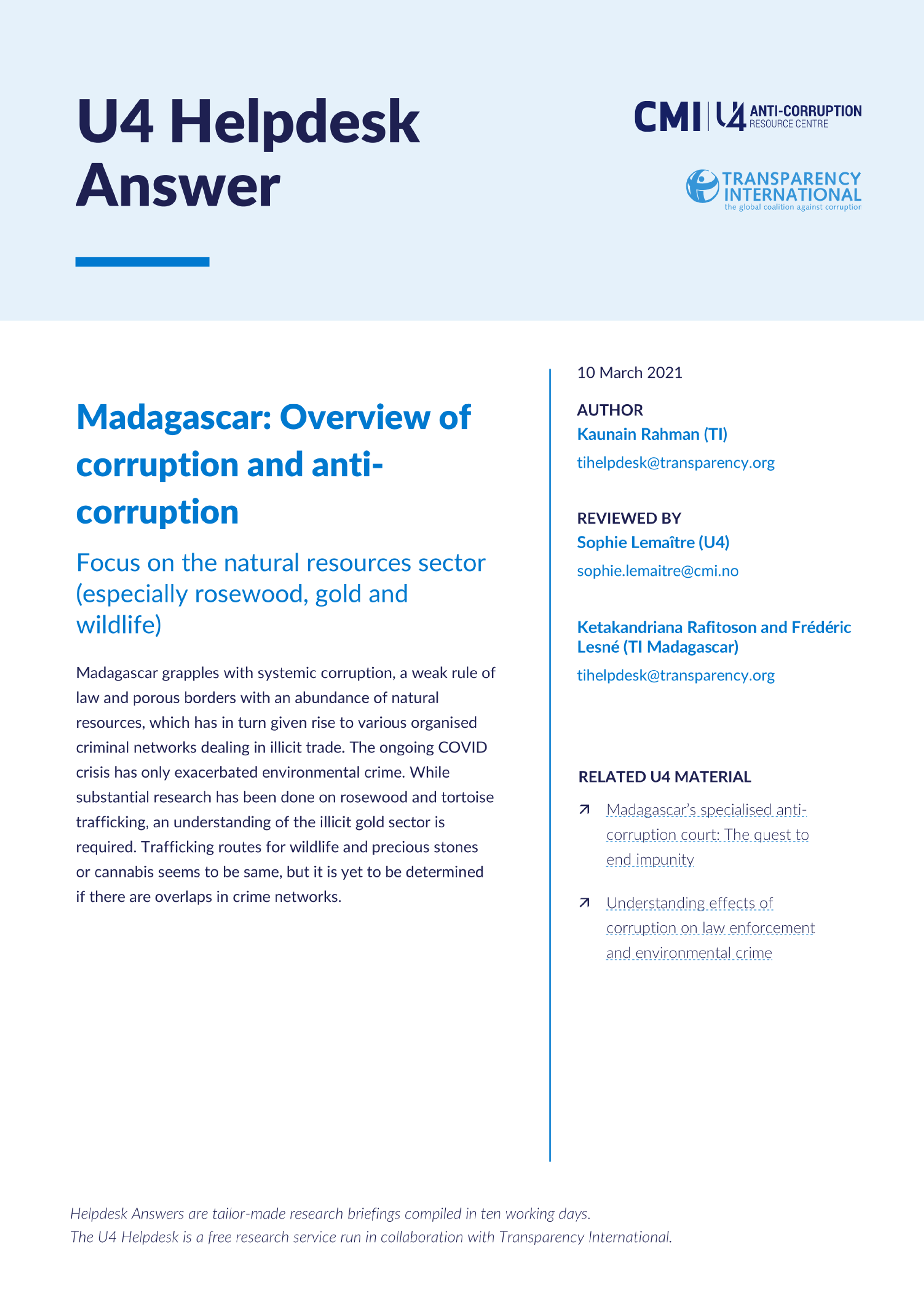 Madagascar: Overview of corruption and anti-corruption