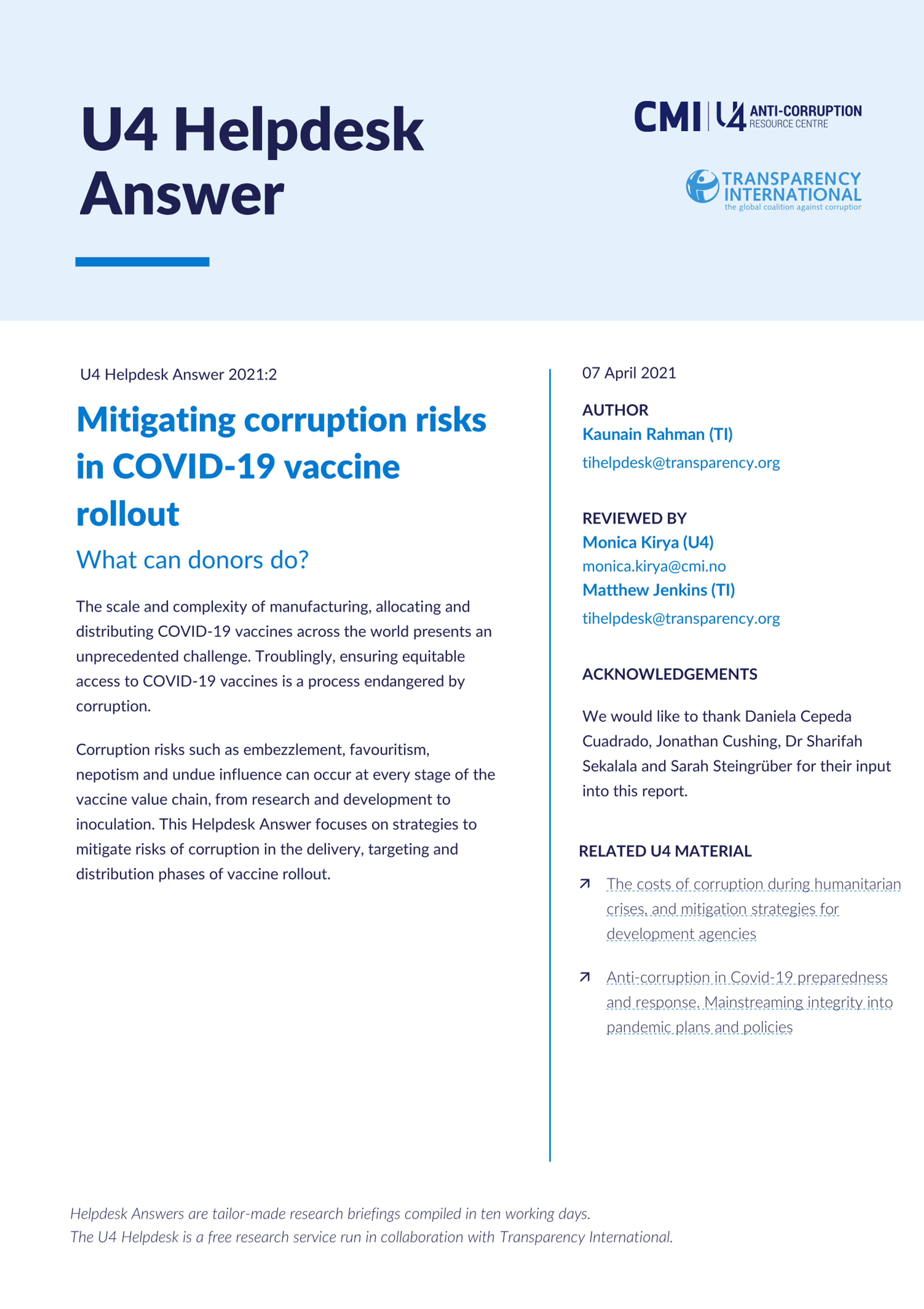 Mitigating corruption risks in Covid-19 vaccine rollout
