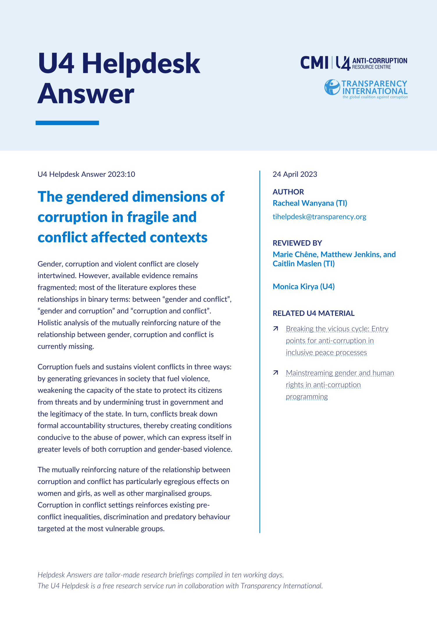 The gendered dimensions of corruption in fragile and conflict affected contexts