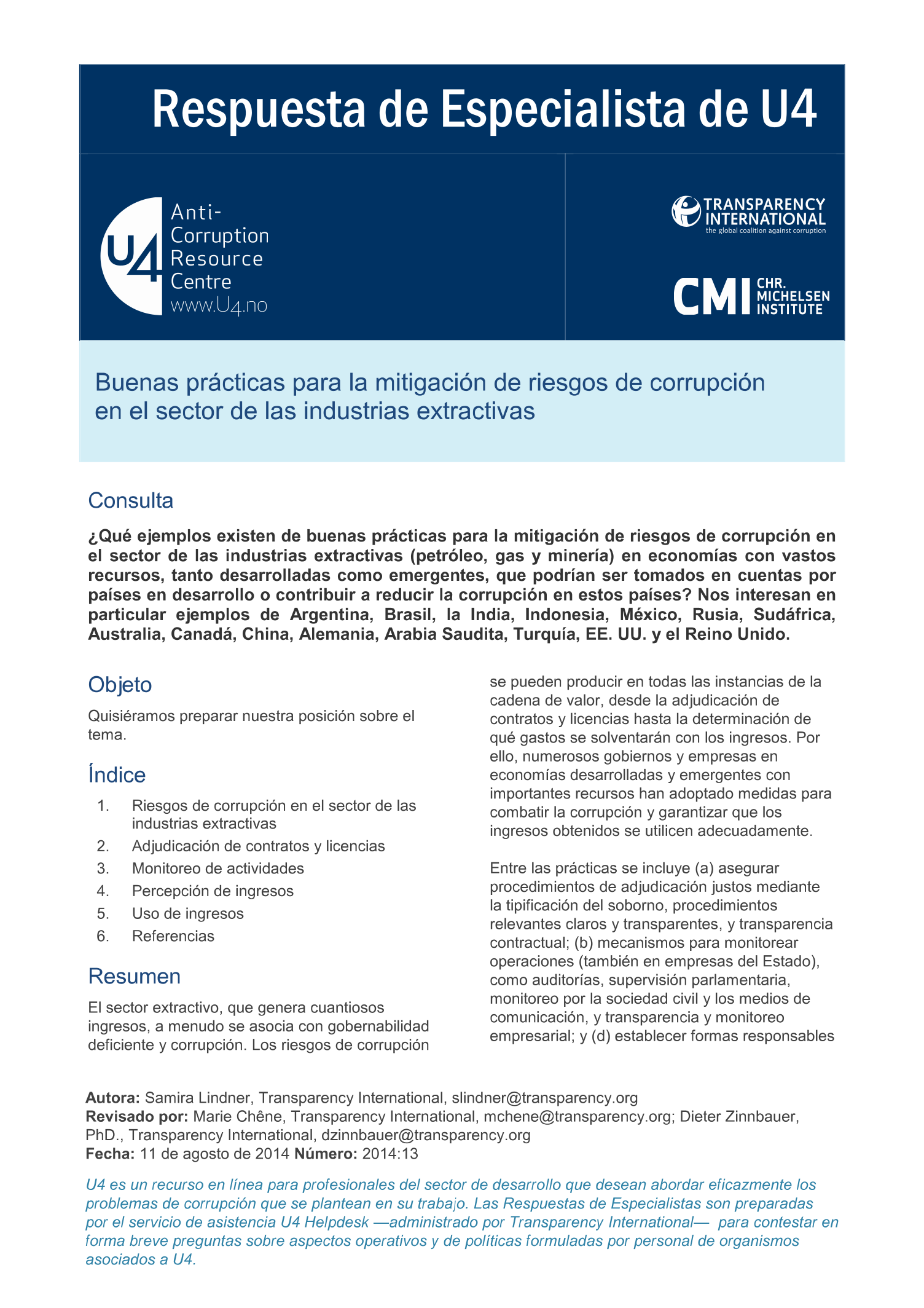 Buenas prácticas para la mitigación de riesgos de corrupción en el sector de las industrias extractivas