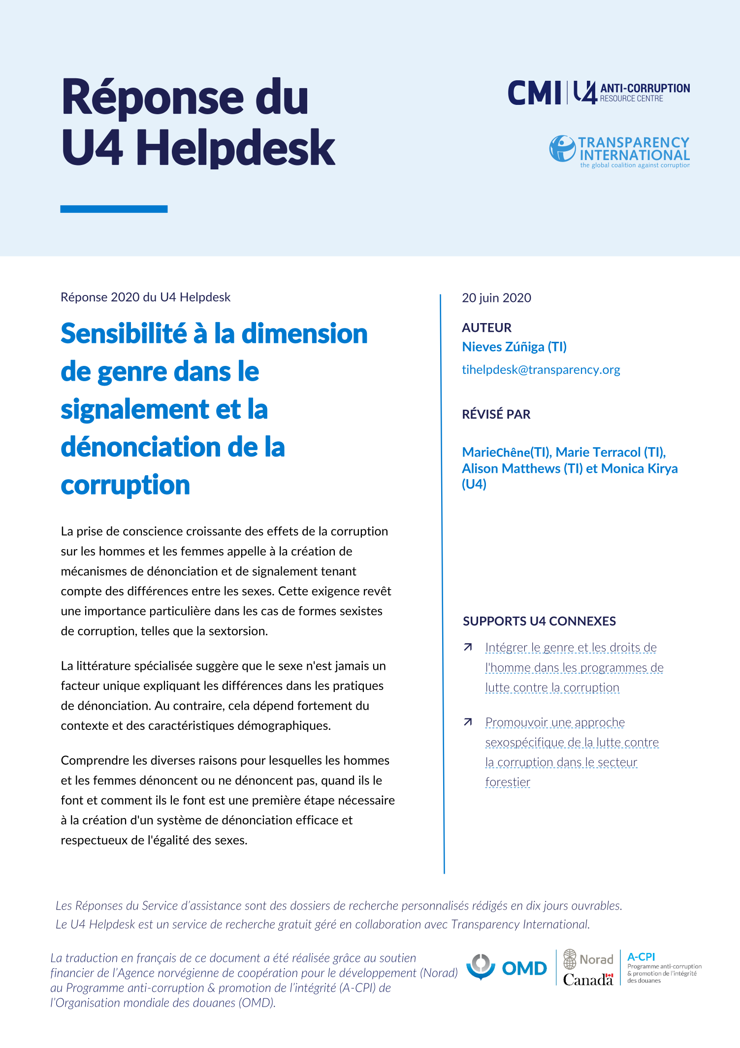 Sensibilité à la dimensión de genre dans le signalement et la dénonciation de la corruption