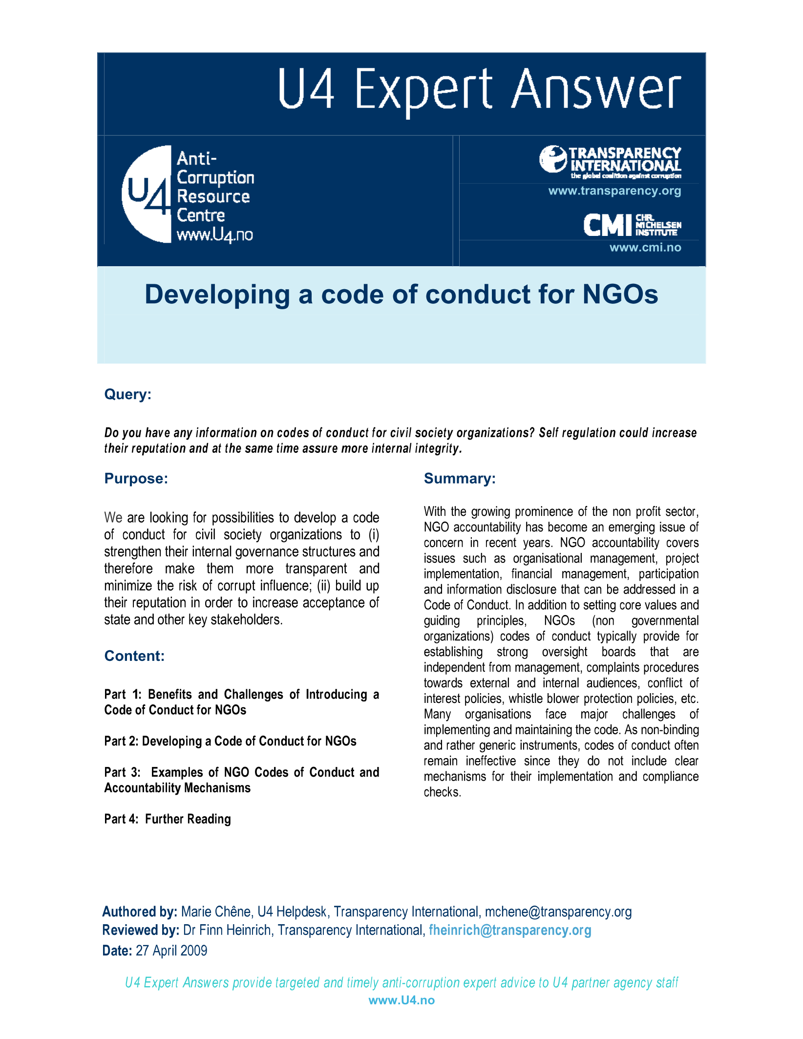 Developing a code of conduct for NGOs