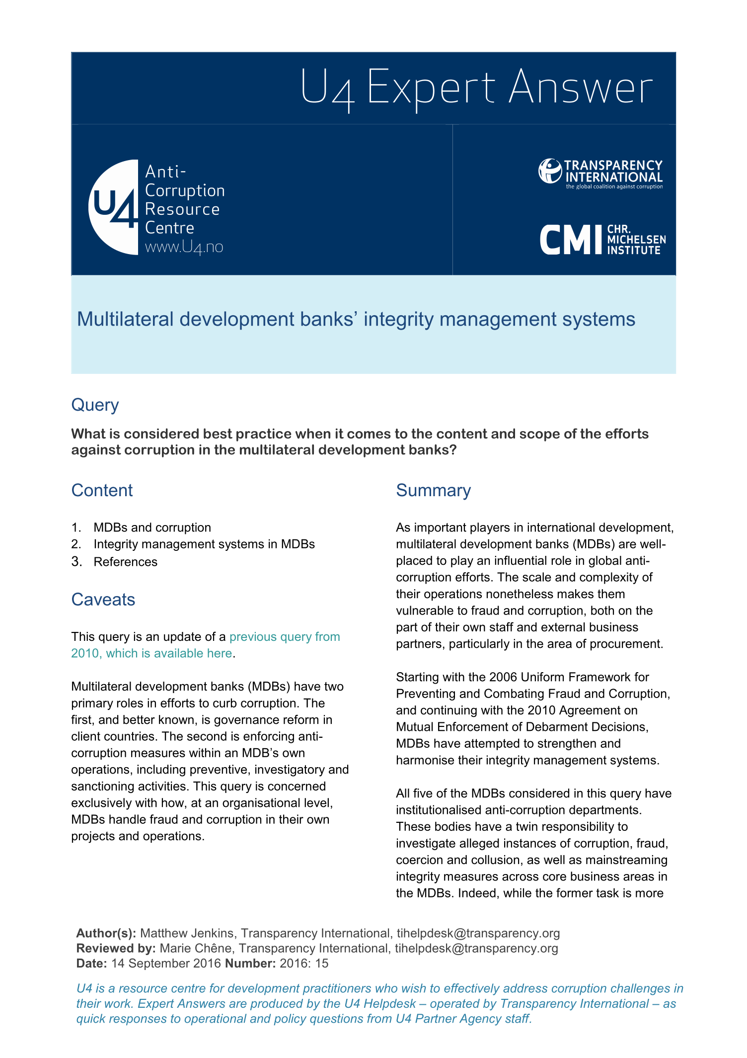 Multilateral development banks’ integrity management systems