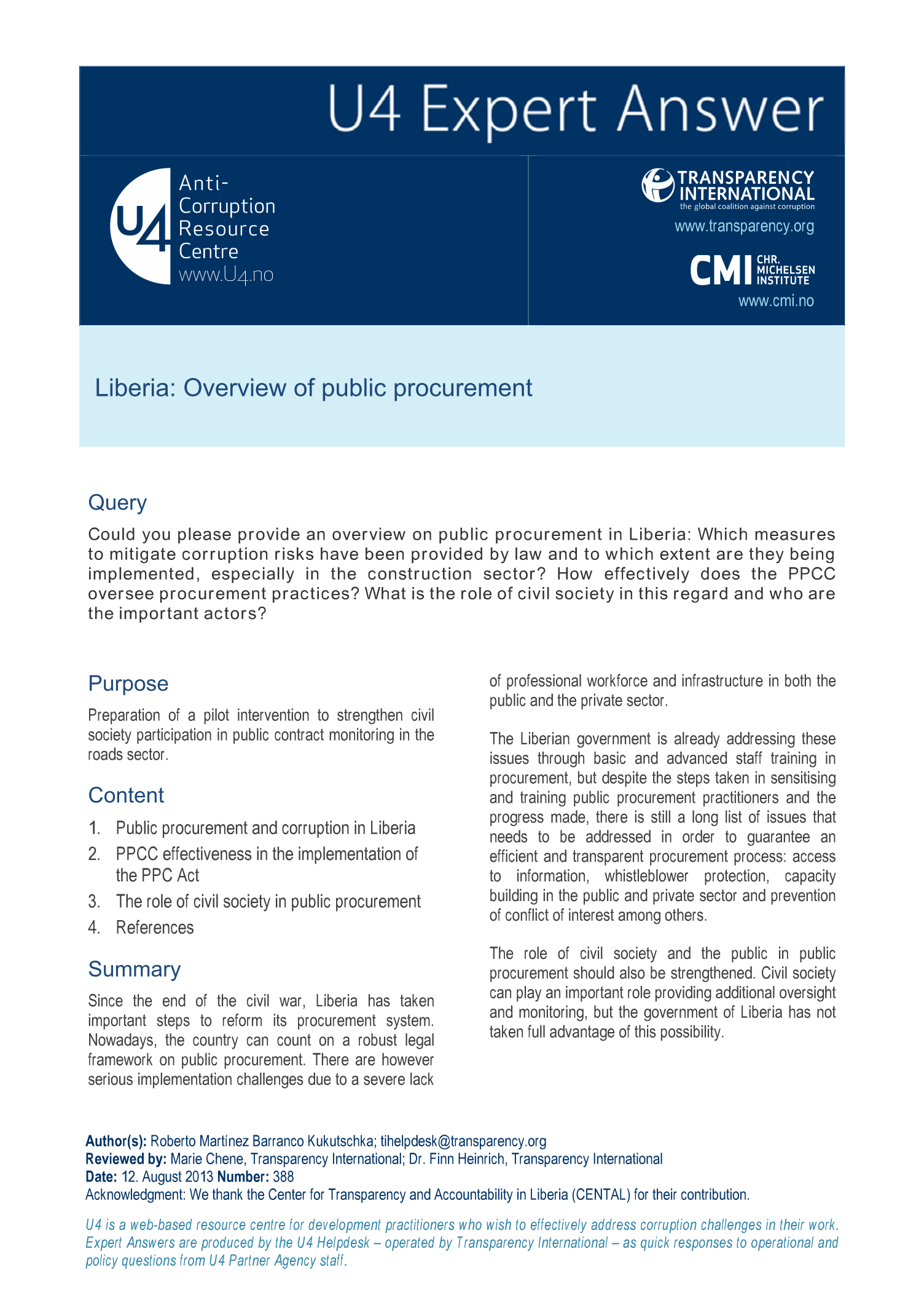 Liberia: Overview of public procurement