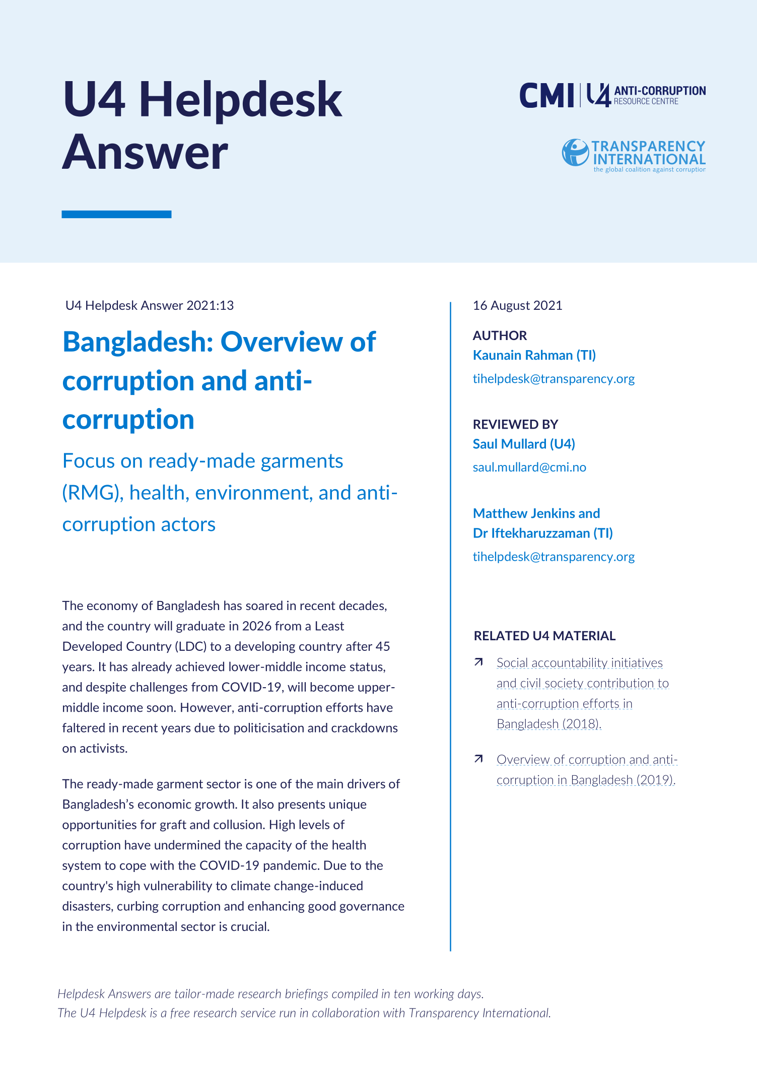 Bangladesh: Overview of corruption and anti-corruption