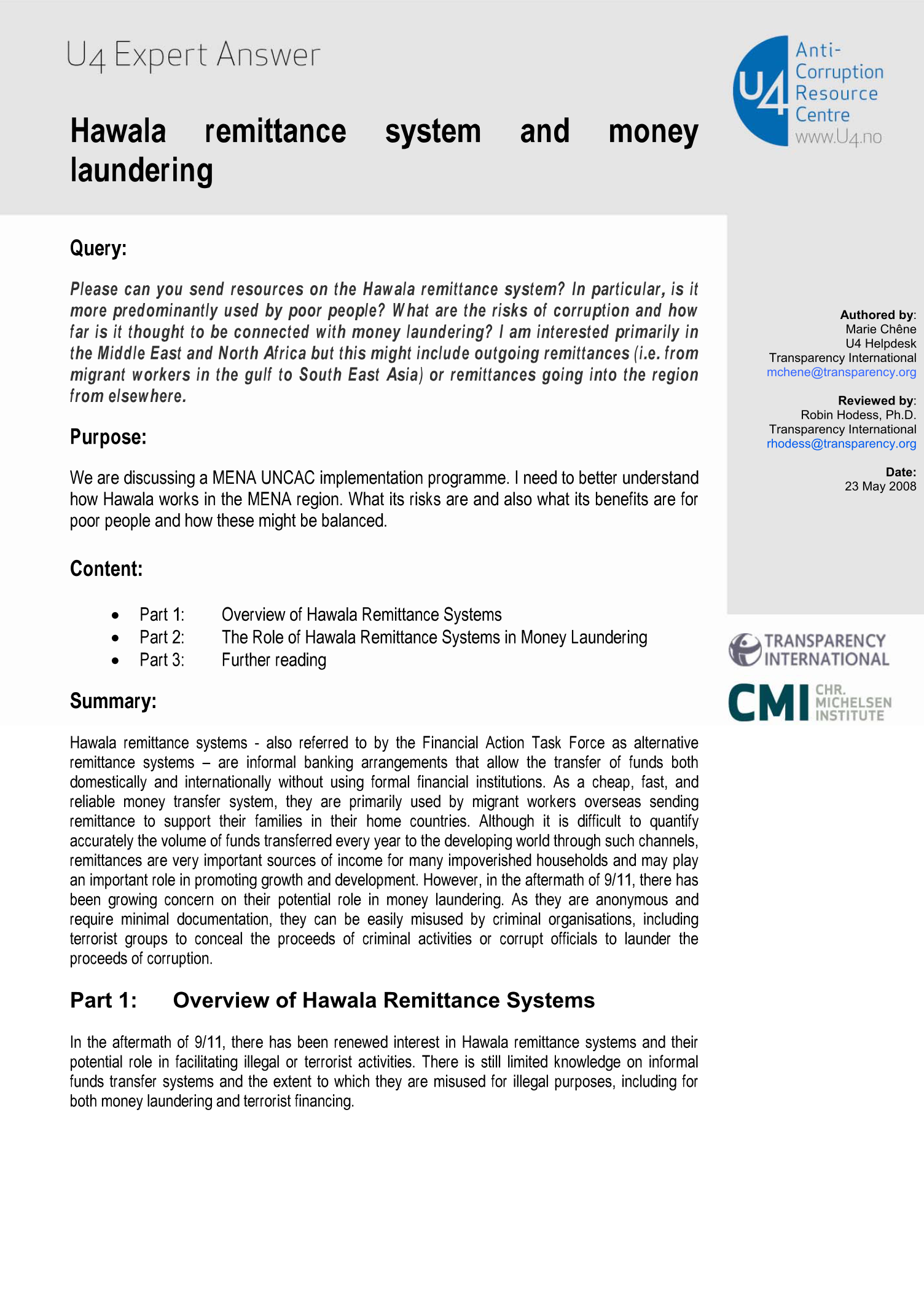 Hawala remittance system and money laundering