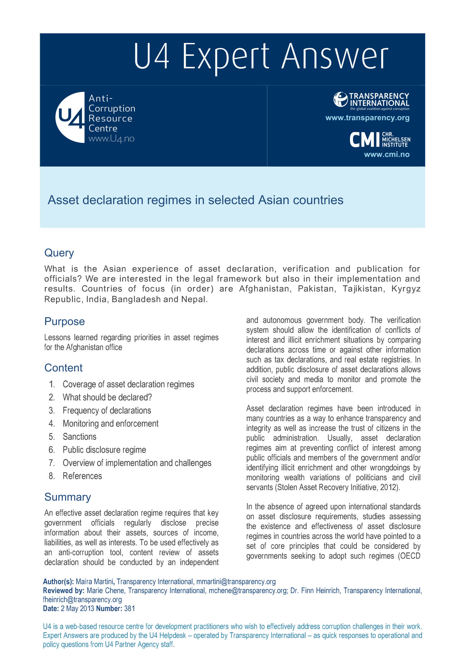 Asset declaration regimes in selected Asian countries