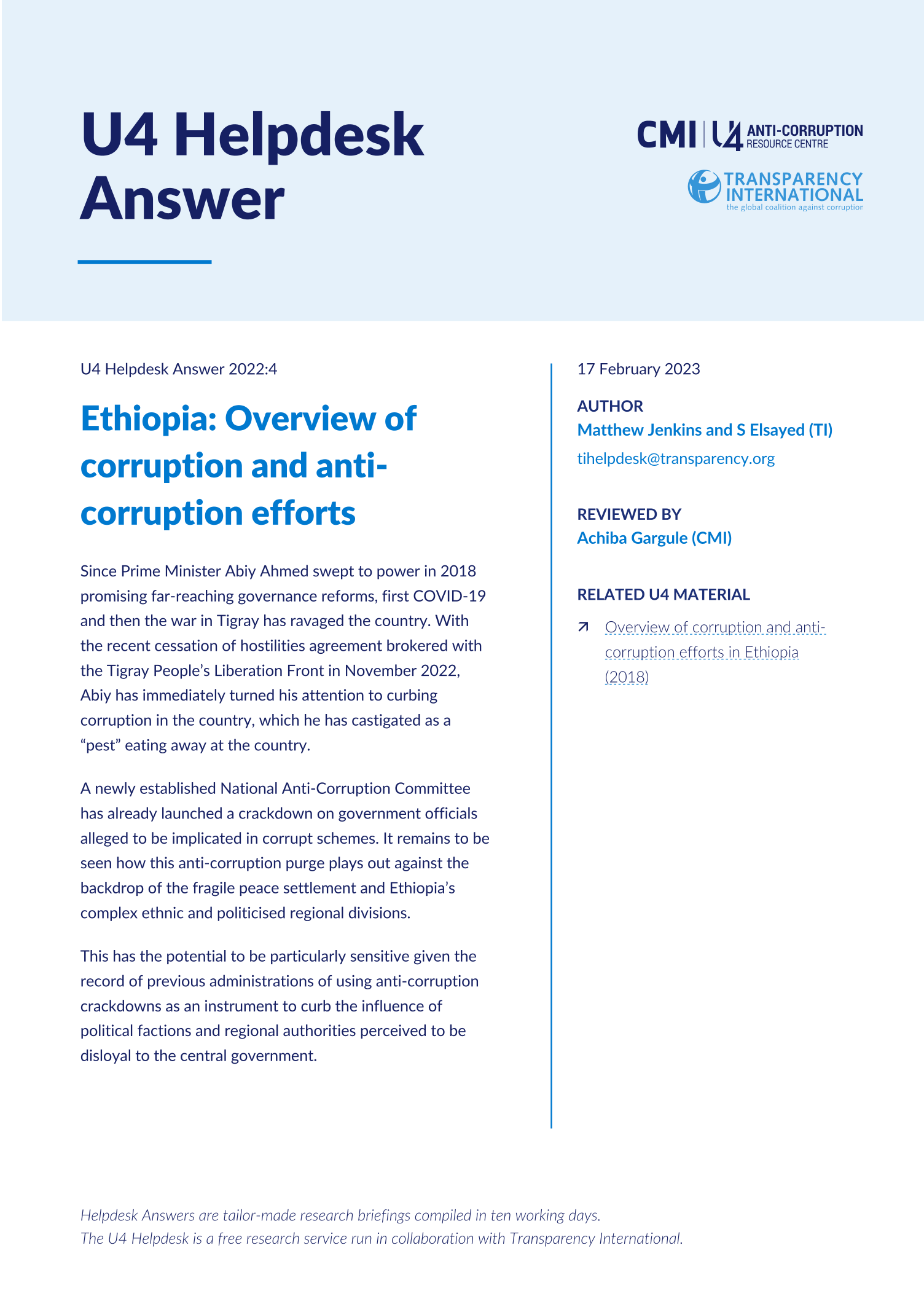 Ethiopia: Overview of corruption and anti-corruption efforts