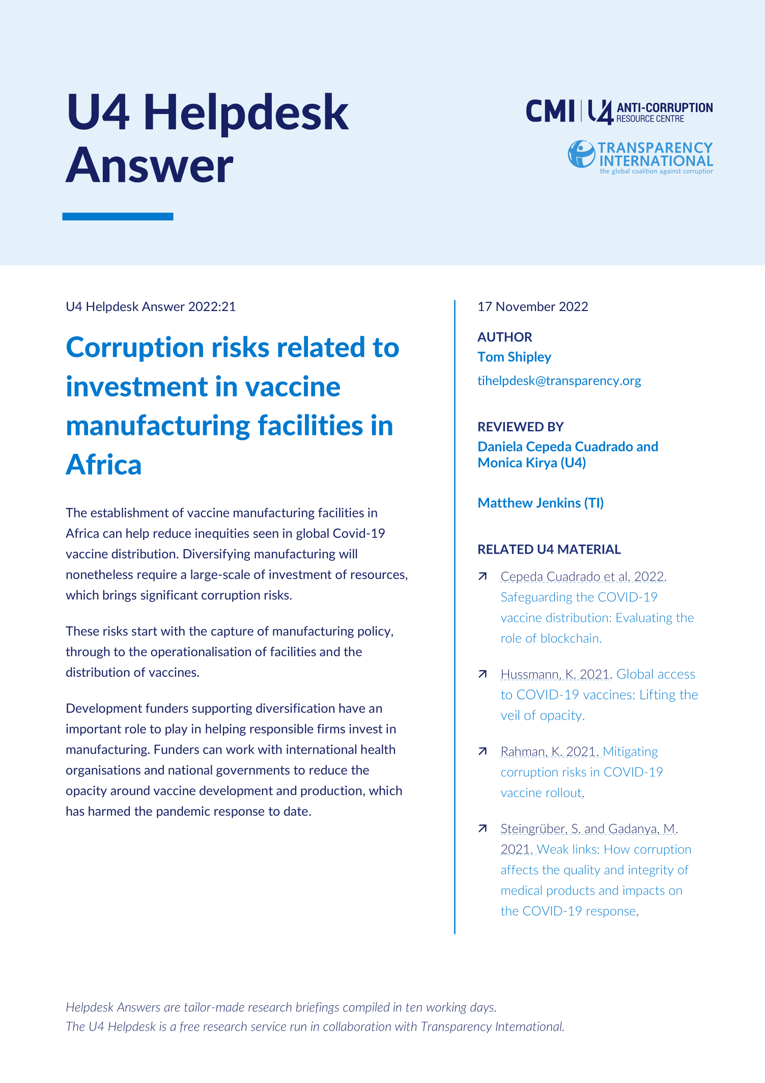 Corruption risks related to investment in vaccine manufacturing facilities in Africa