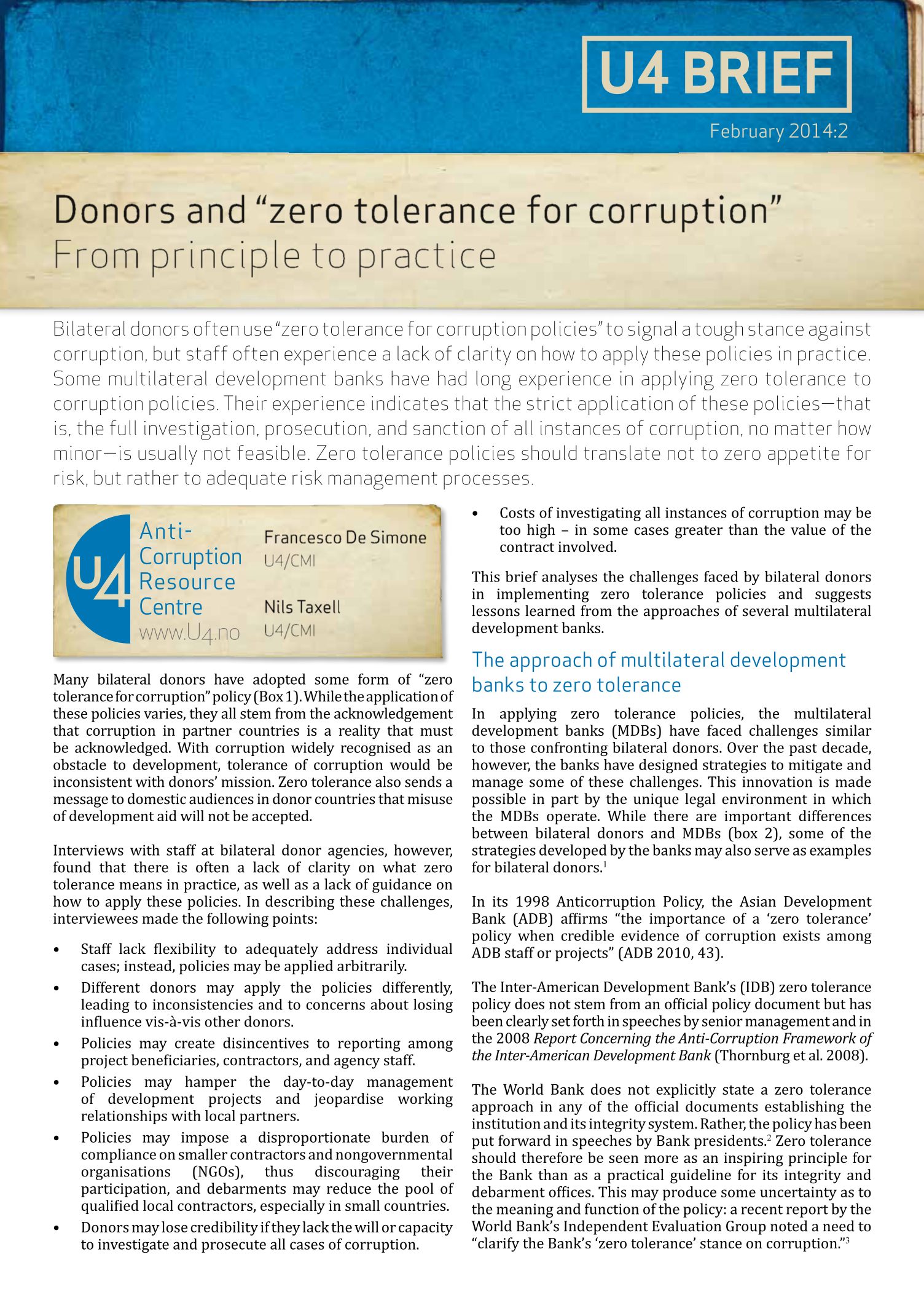 Donors and &ldquo;zero tolerance for corruption&rdquo;: From principle to practice