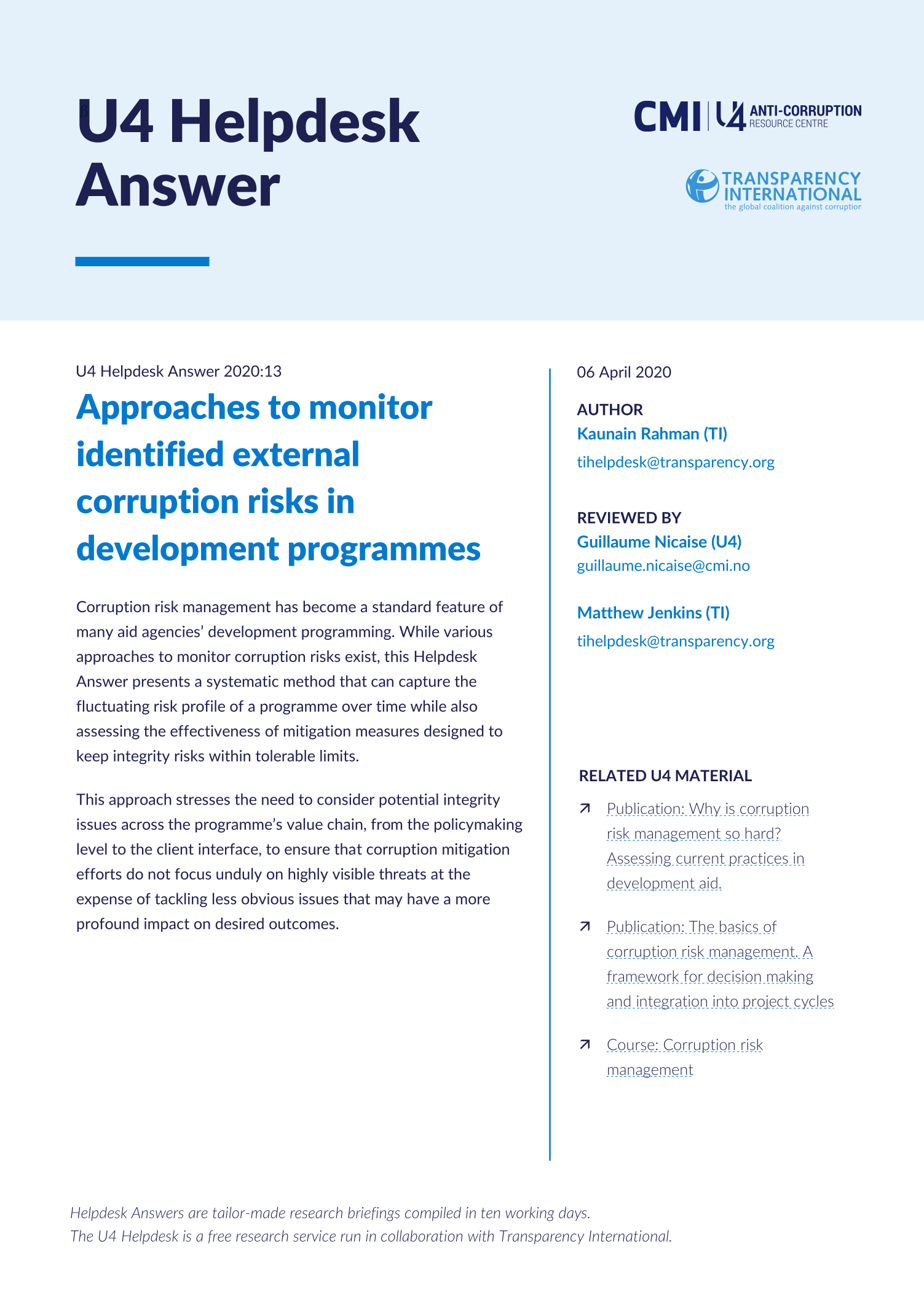 Approaches to monitor identified external corruption risks in development programmes