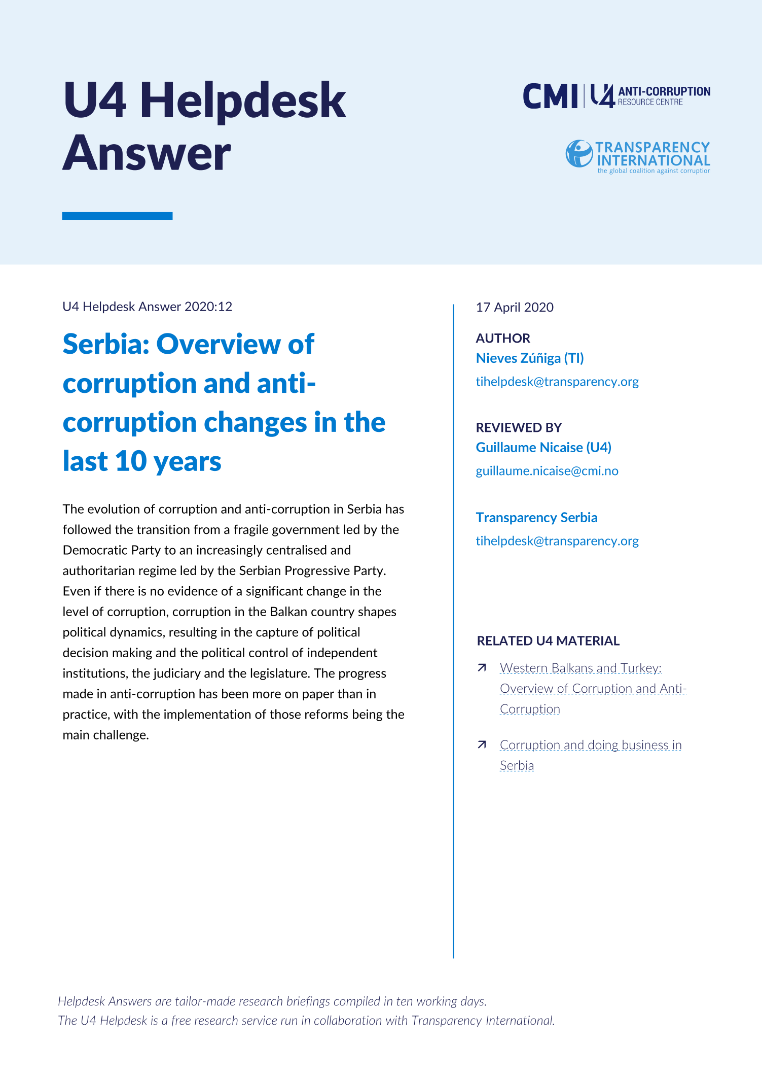 Serbia: Overview of corruption and anti-corruption changes in the last 10 years