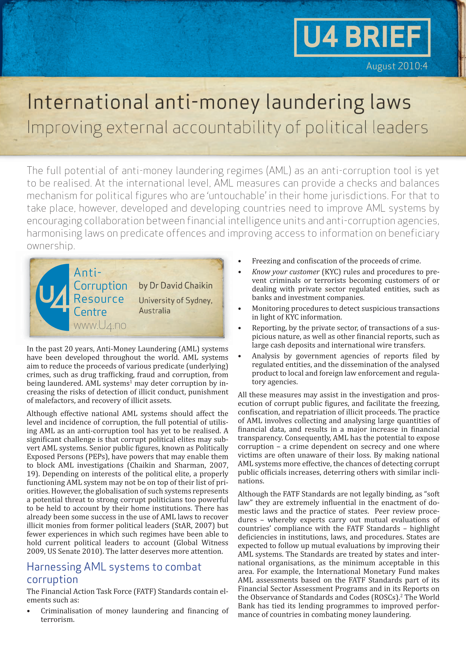 International anti-money laundering laws. Improving external accountability of political leaders
