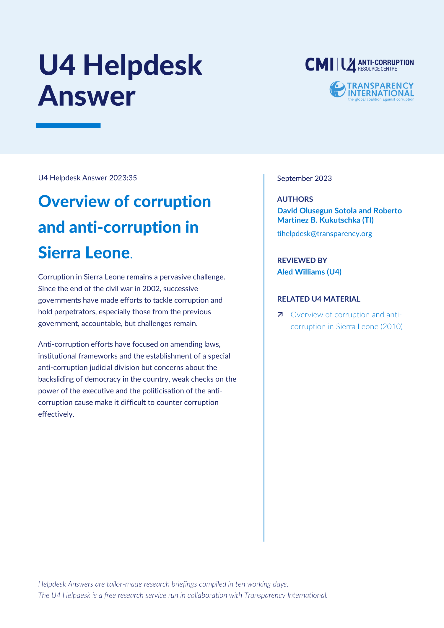 Sierra Leone: Corruption and anti-corruption