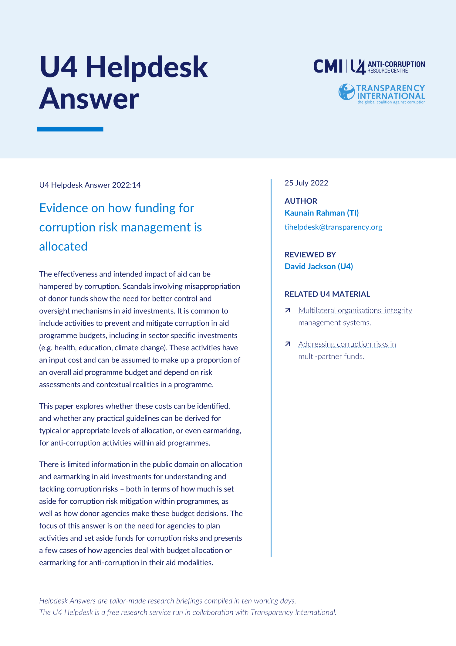 Evidence on how funding for corruption risk management is allocated