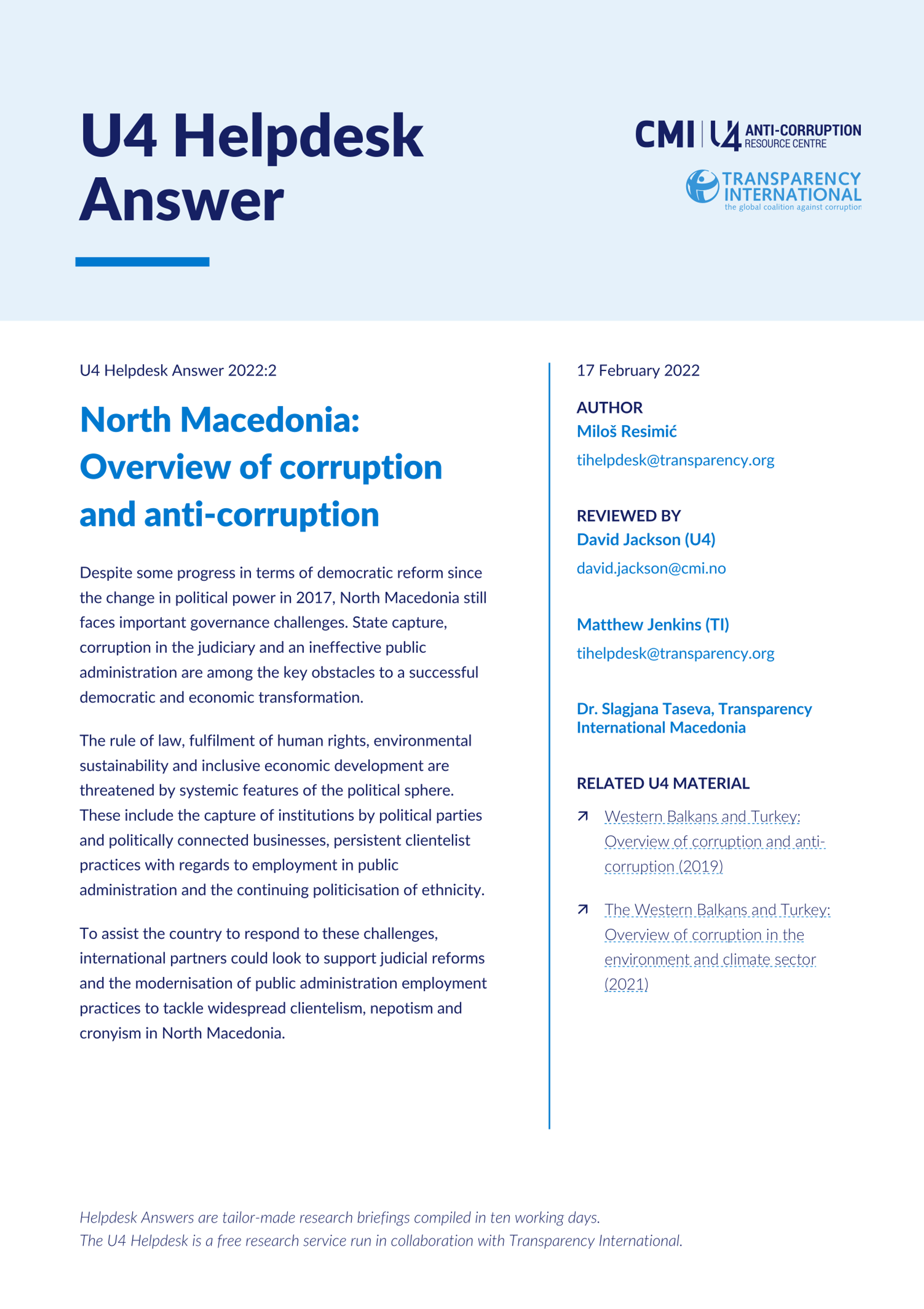 North Macedonia: Overview of corruption and anti-corruption