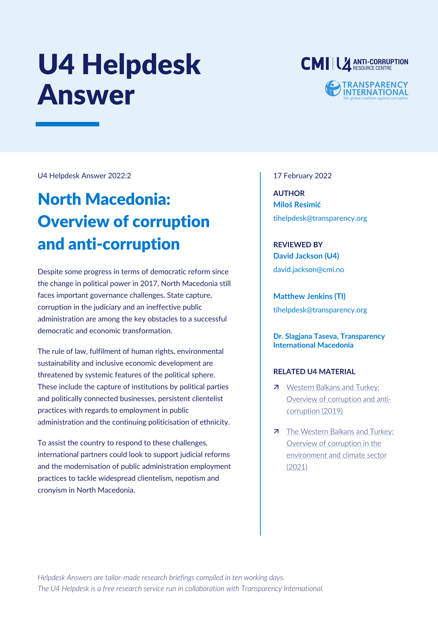 North Macedonia: Overview of corruption and anti-corruption