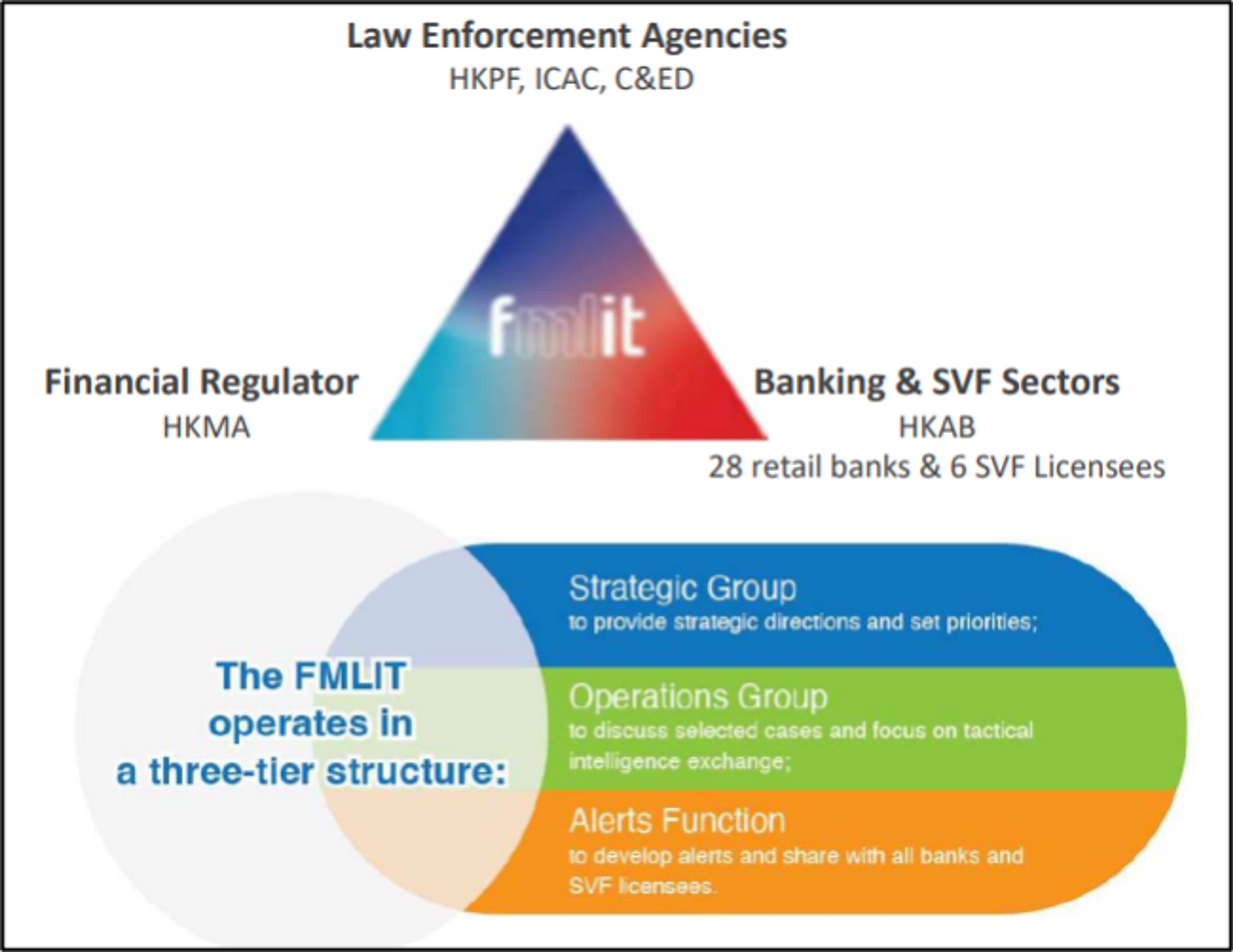 The FMLIT (Financial Intelligence and Litigation) three-tier structure and its stakeholders.