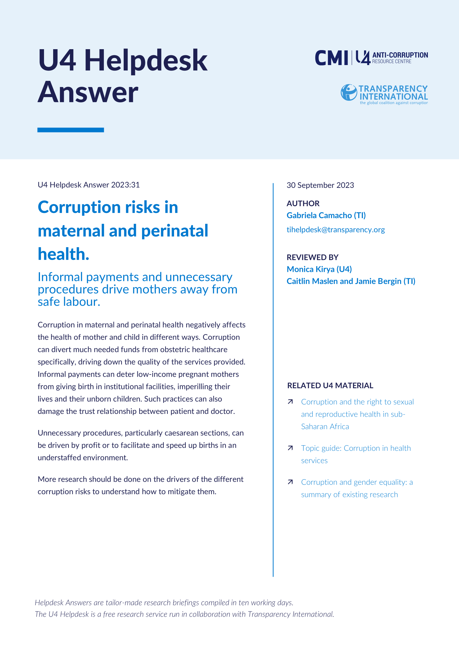 Corruption risks in maternal and perinatal health