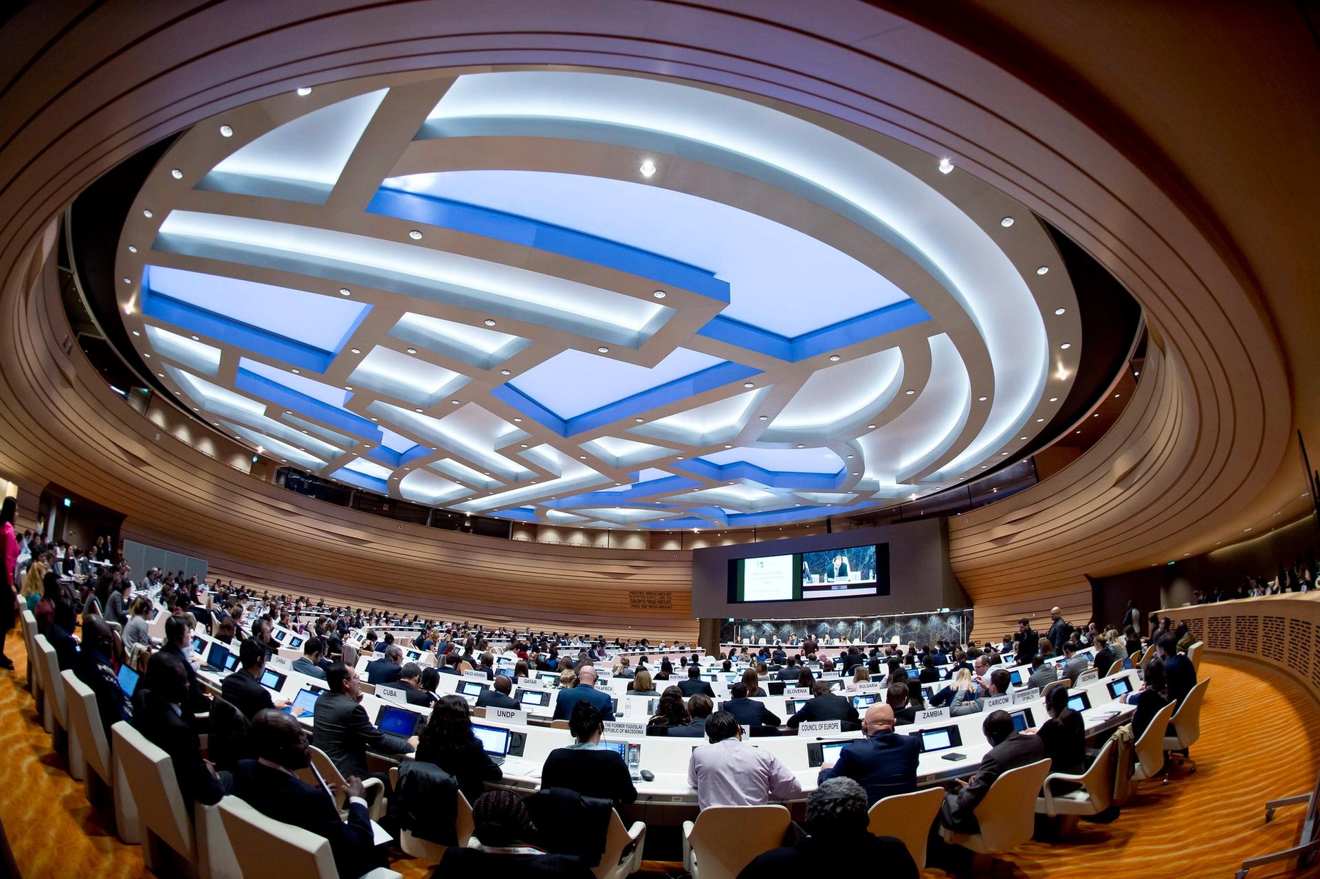 A distorted, fish-eye lens view of a UN conference. Hundreds of delegates sit at desks at a 2016 meeting on Human Rights, Democracy, and the Rule of Law in Geneva, Switzerland.