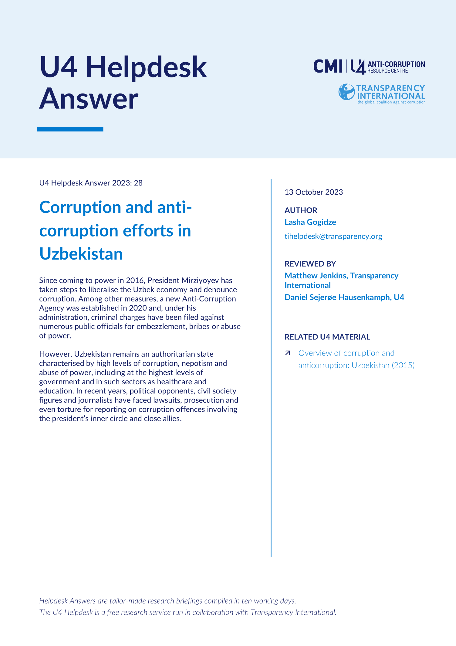 Uzbekistan: Corruption and anti-corruption