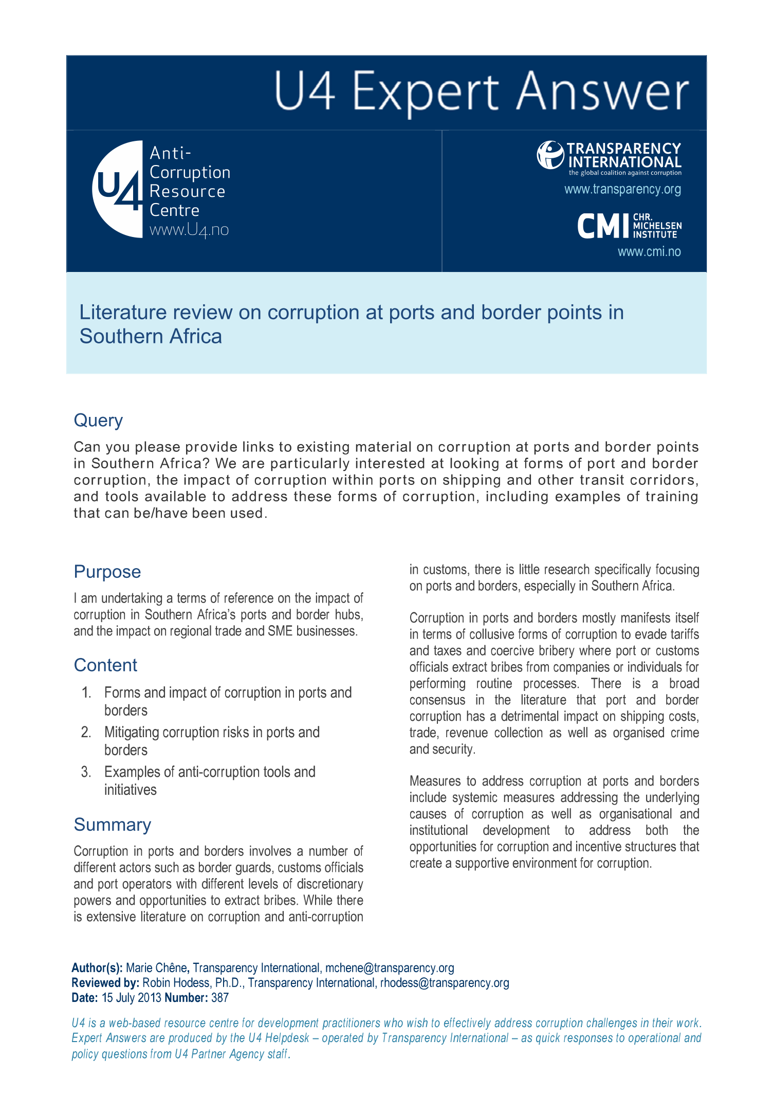 Literature review on corruption at ports and border points in Southern Africa