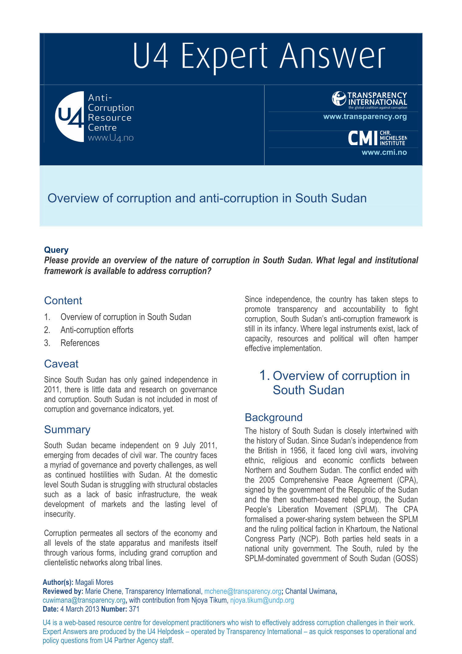 South Sudan: Overview of corruption and anti-corruption