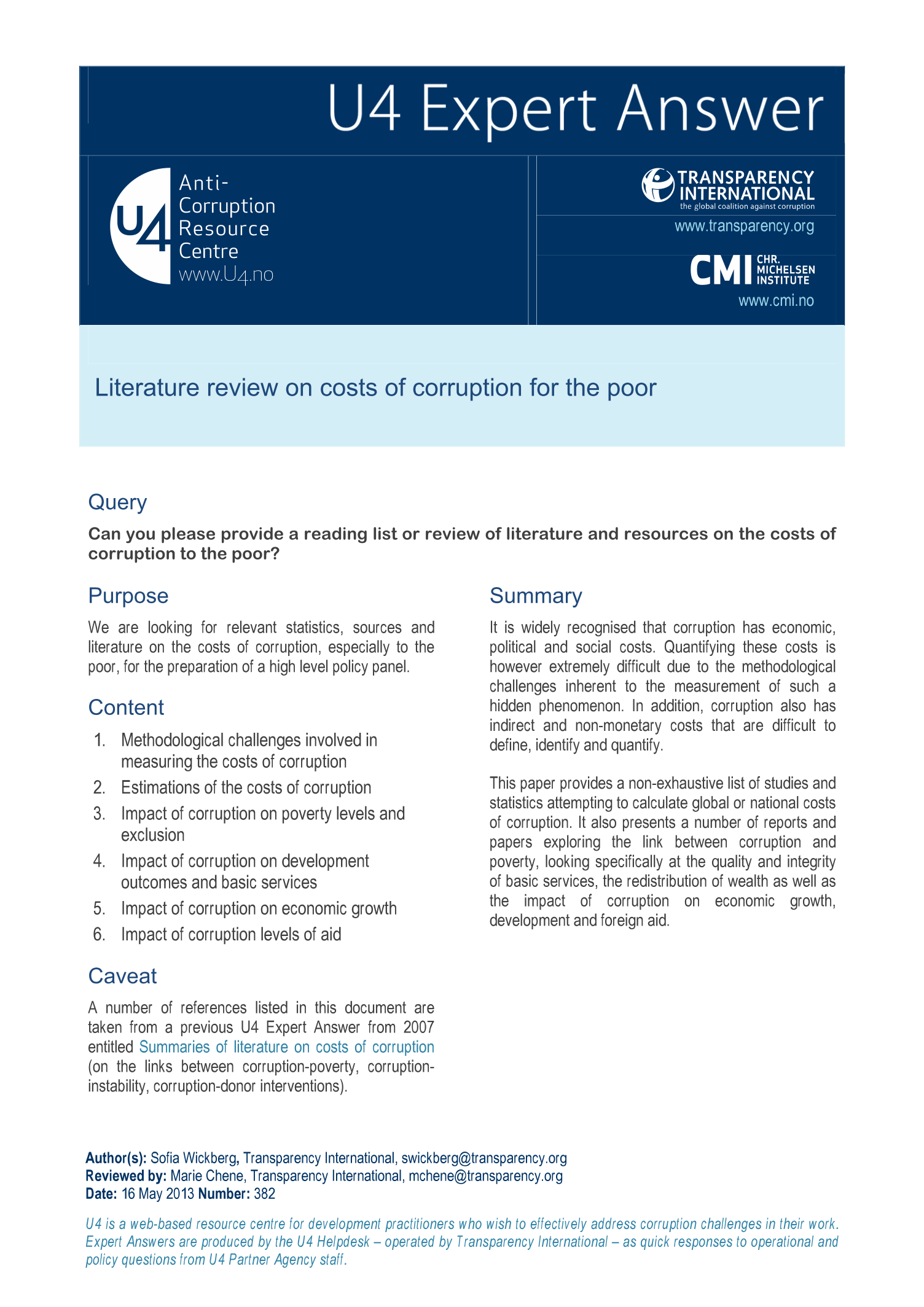 Literature review on costs of corruption for the poor