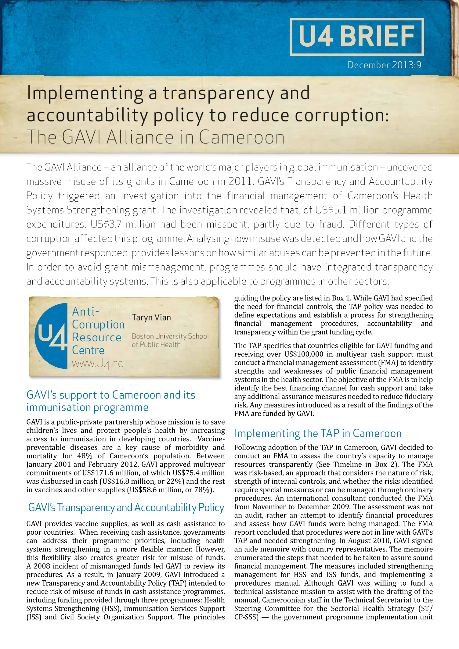 Implementing a transparency and accountability policy to reduce corruption: The GAVI Alliance in Cameroon