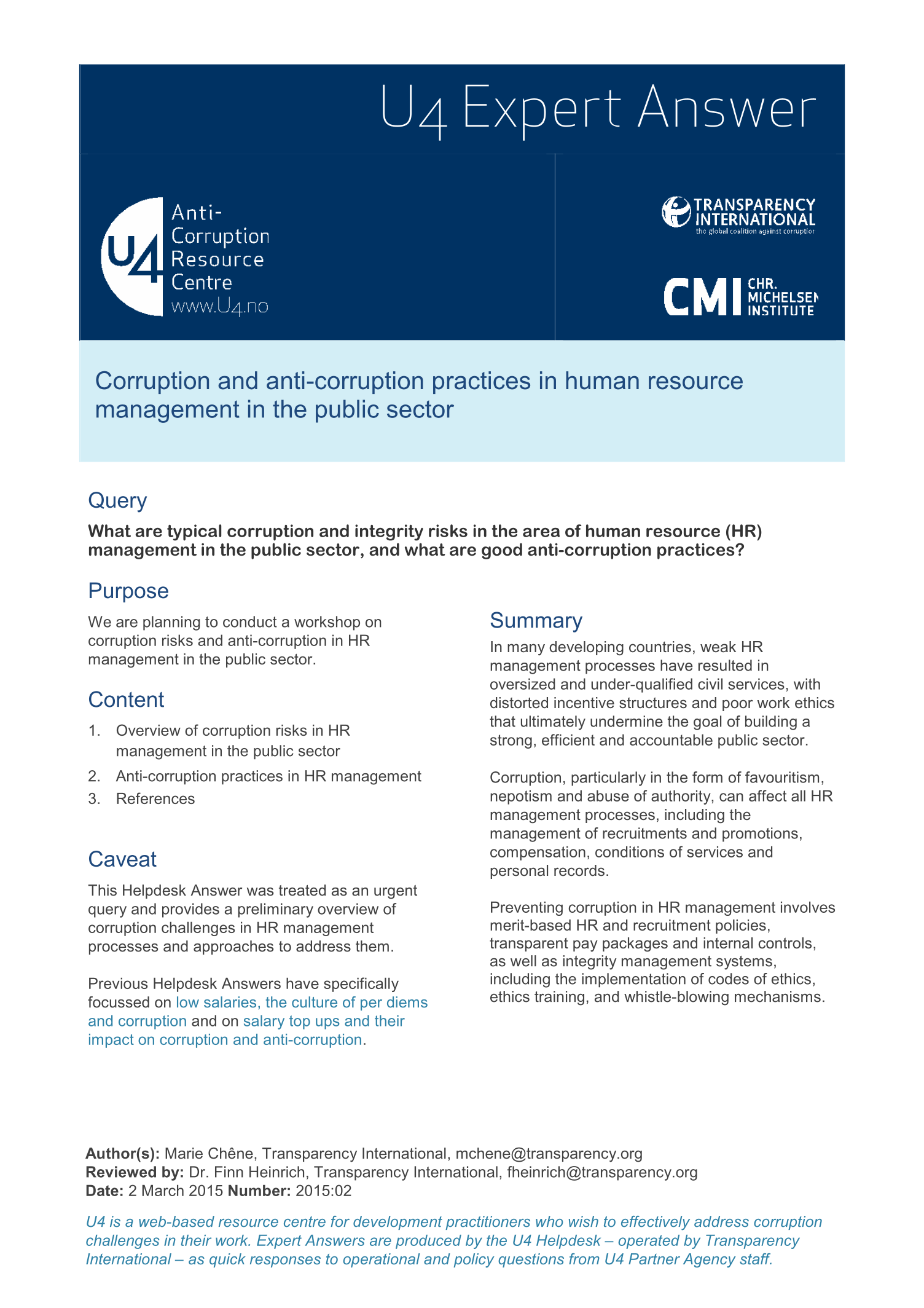 Corruption and anti-corruption practices in human resource management in the public sector
