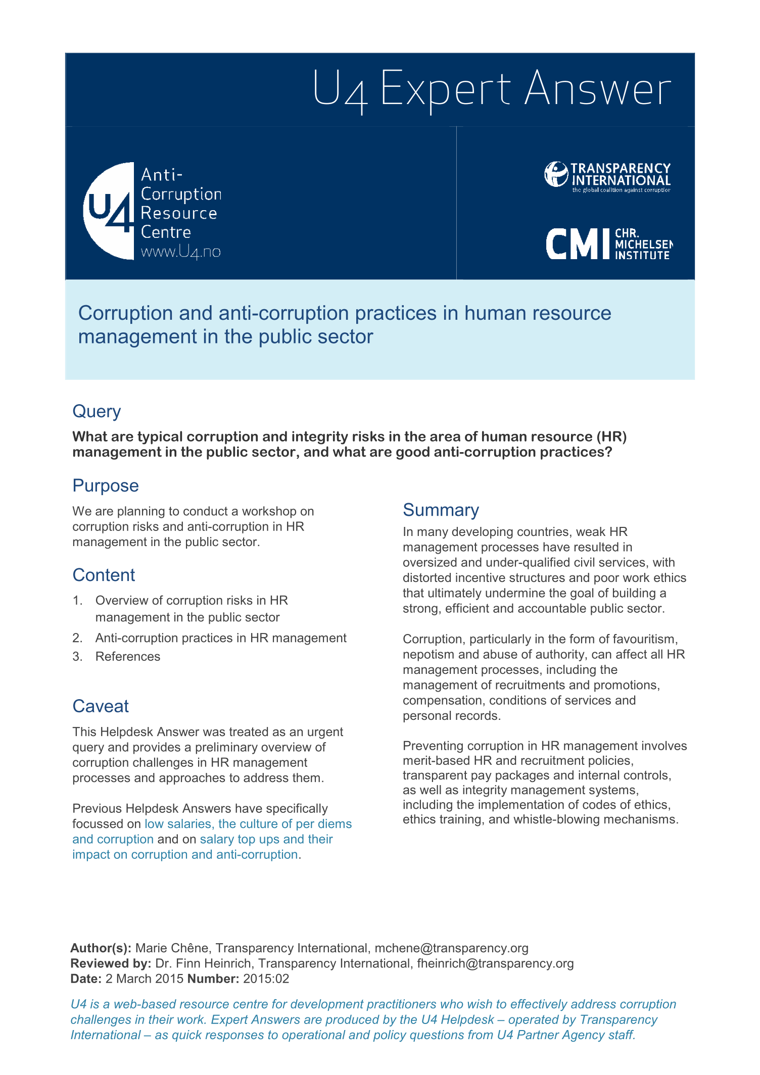 Corruption and anti-corruption practices in human resource management in the public sector 