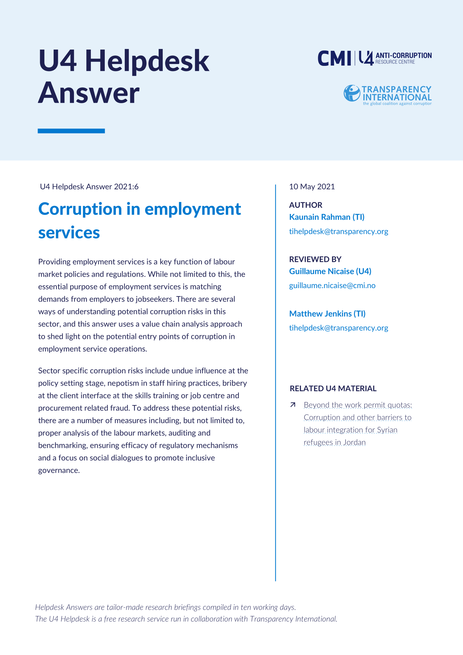 Corruption in employment services