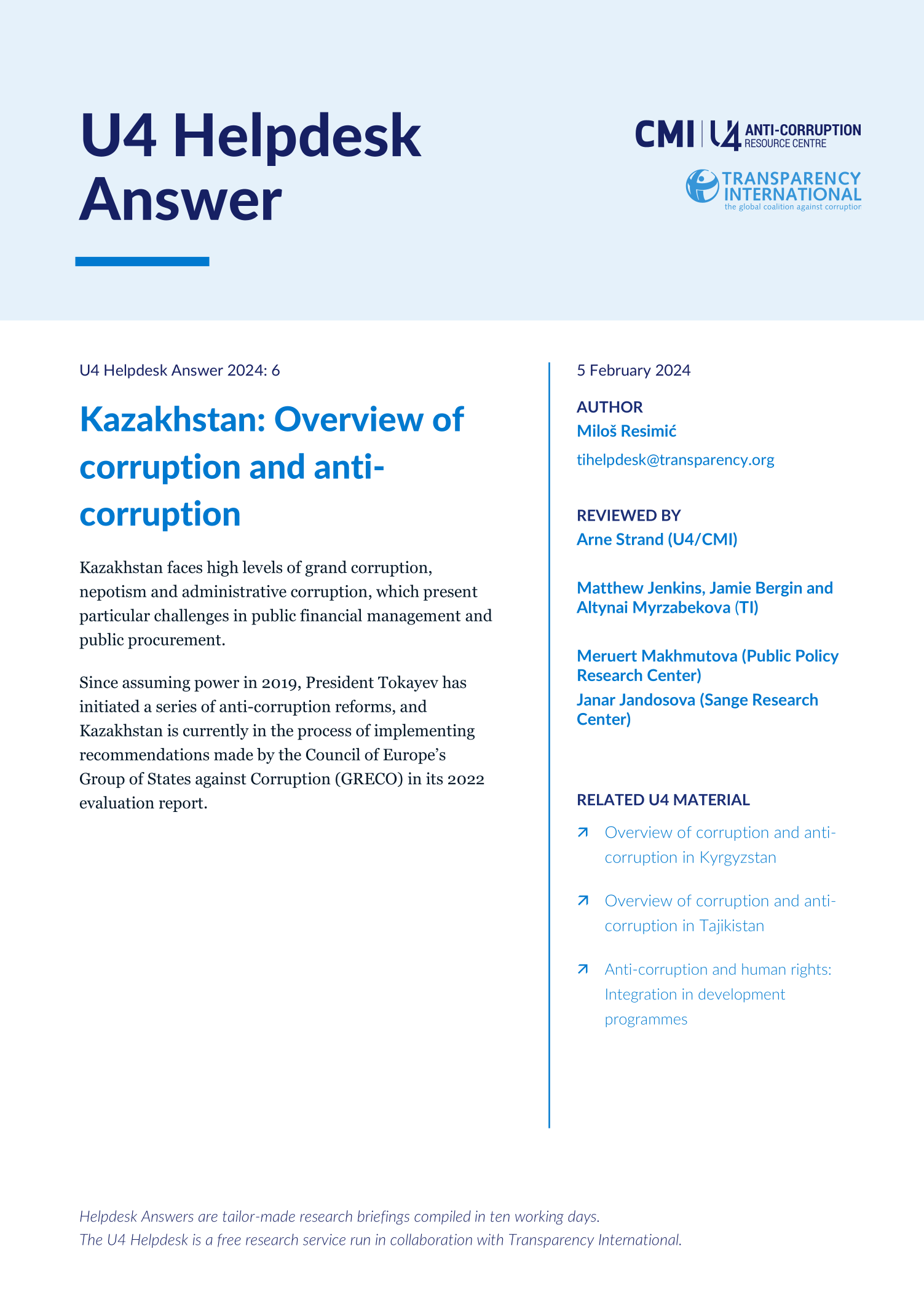 Kazakhstan: Overview of corruption and anti-corruption