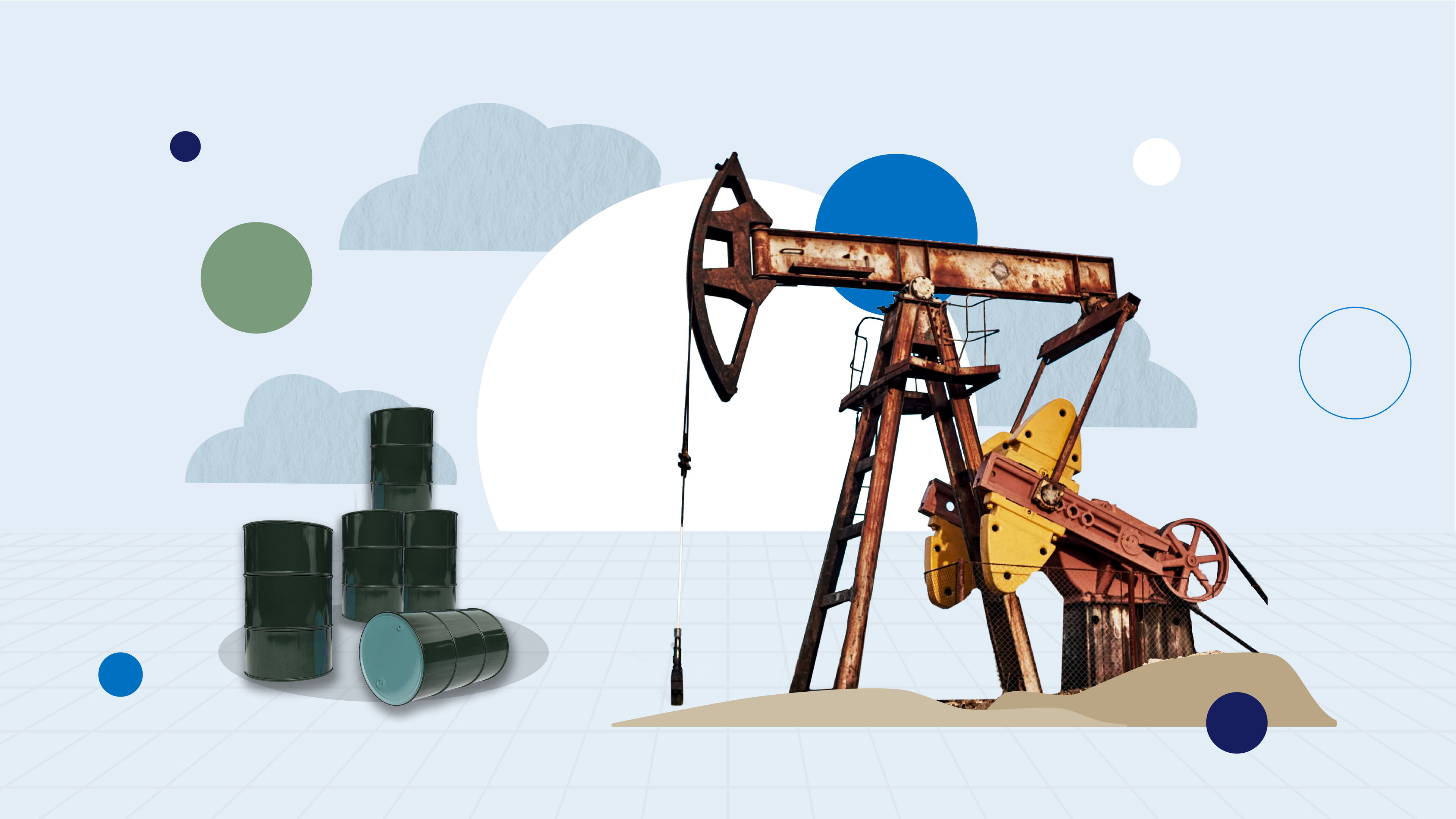 A collage of an oil well and oil barrels.
